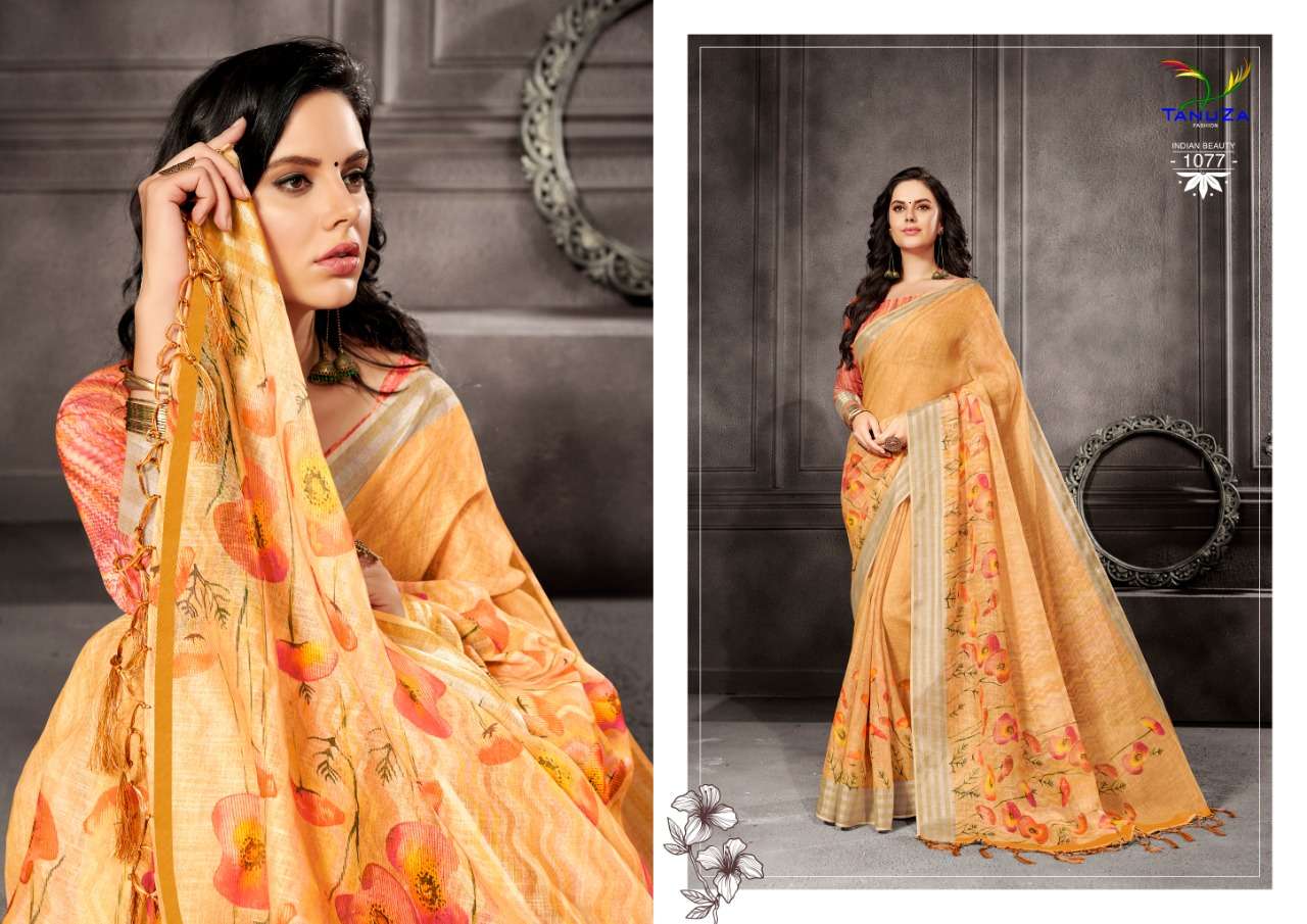 INDIAN BEAUTY VOL-5 BY TANUZA FASHION 1077 TO 1087 SERIES INDIAN TRADITIONAL WEAR COLLECTION BEAUTIFUL STYLISH FANCY COLORFUL PARTY WEAR & OCCASIONAL WEAR LINEN SAREES AT WHOLESALE PRICE