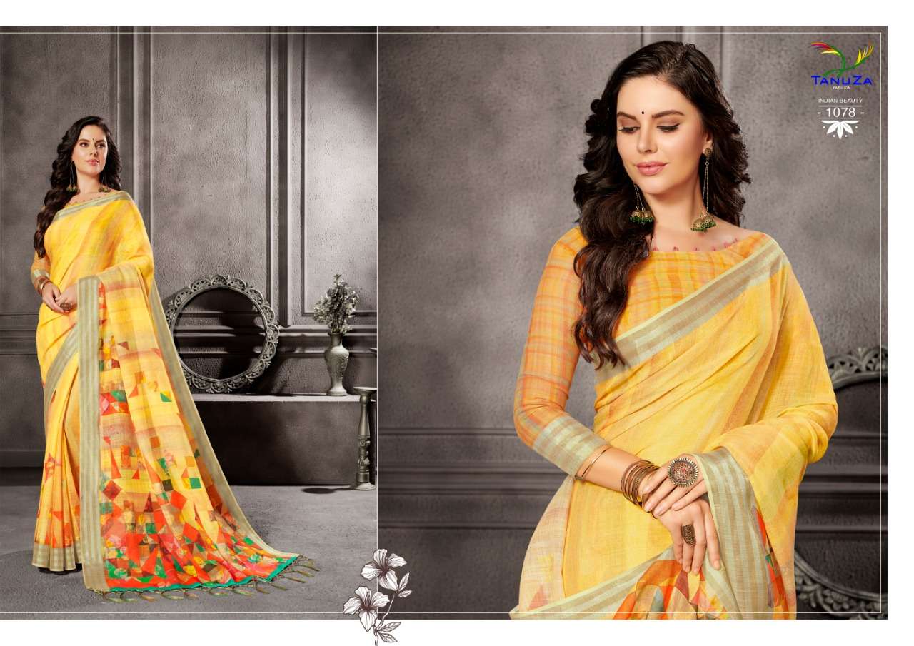 INDIAN BEAUTY VOL-5 BY TANUZA FASHION 1077 TO 1087 SERIES INDIAN TRADITIONAL WEAR COLLECTION BEAUTIFUL STYLISH FANCY COLORFUL PARTY WEAR & OCCASIONAL WEAR LINEN SAREES AT WHOLESALE PRICE