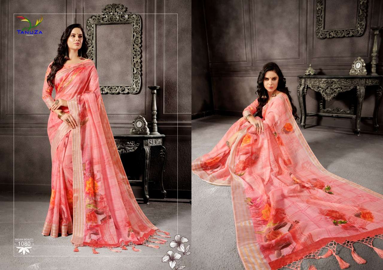 INDIAN BEAUTY VOL-5 BY TANUZA FASHION 1077 TO 1087 SERIES INDIAN TRADITIONAL WEAR COLLECTION BEAUTIFUL STYLISH FANCY COLORFUL PARTY WEAR & OCCASIONAL WEAR LINEN SAREES AT WHOLESALE PRICE