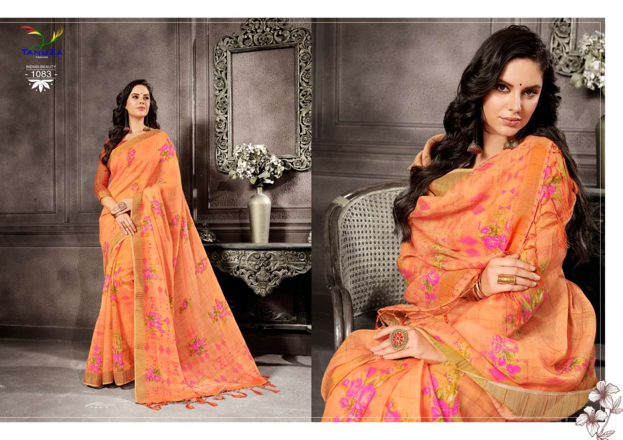 INDIAN BEAUTY VOL-5 BY TANUZA FASHION 1077 TO 1087 SERIES INDIAN TRADITIONAL WEAR COLLECTION BEAUTIFUL STYLISH FANCY COLORFUL PARTY WEAR & OCCASIONAL WEAR LINEN SAREES AT WHOLESALE PRICE