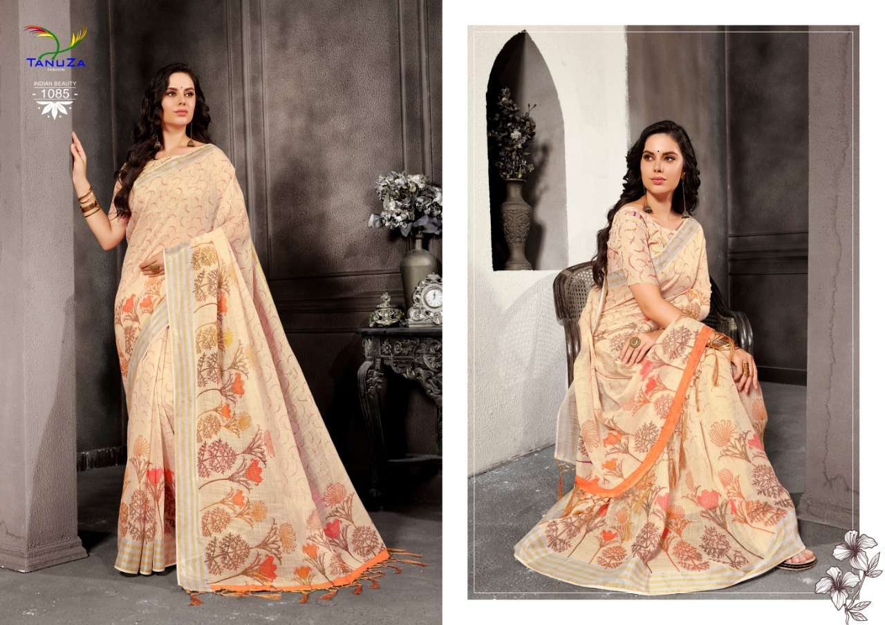 INDIAN BEAUTY VOL-5 BY TANUZA FASHION 1077 TO 1087 SERIES INDIAN TRADITIONAL WEAR COLLECTION BEAUTIFUL STYLISH FANCY COLORFUL PARTY WEAR & OCCASIONAL WEAR LINEN SAREES AT WHOLESALE PRICE