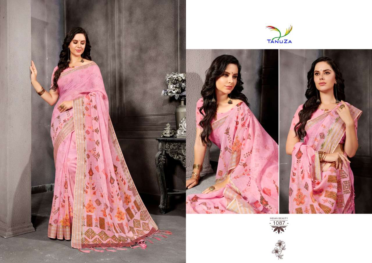 INDIAN BEAUTY VOL-5 BY TANUZA FASHION 1077 TO 1087 SERIES INDIAN TRADITIONAL WEAR COLLECTION BEAUTIFUL STYLISH FANCY COLORFUL PARTY WEAR & OCCASIONAL WEAR LINEN SAREES AT WHOLESALE PRICE
