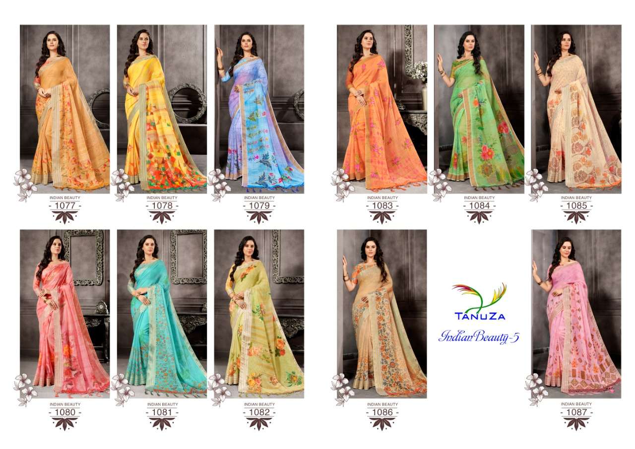 INDIAN BEAUTY VOL-5 BY TANUZA FASHION 1077 TO 1087 SERIES INDIAN TRADITIONAL WEAR COLLECTION BEAUTIFUL STYLISH FANCY COLORFUL PARTY WEAR & OCCASIONAL WEAR LINEN SAREES AT WHOLESALE PRICE