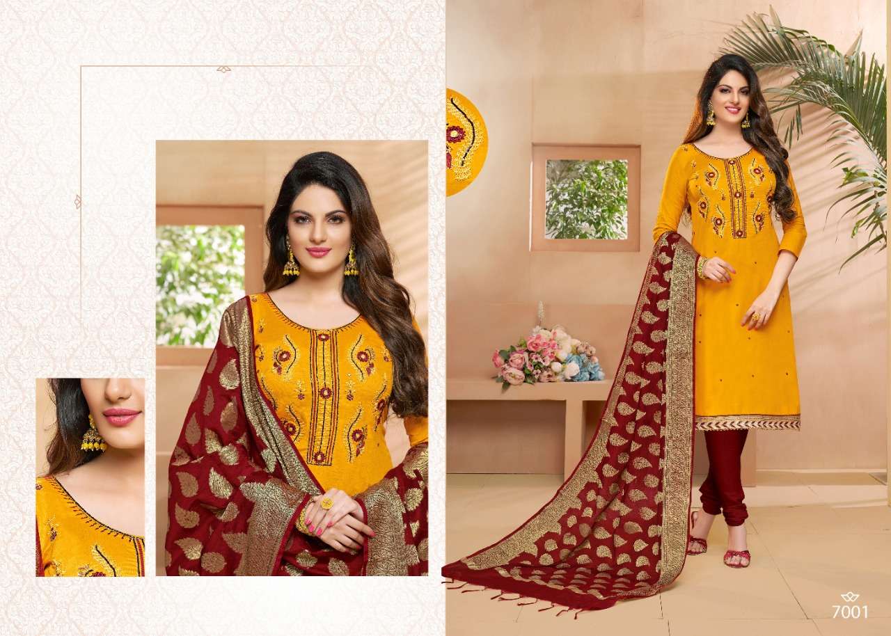 TAZIN VOL-7 BY UTSAV SUITS 7001 TO 7006 SERIES SUITS STYLISH BEAUTIFUL COLOURFUL PRINTED & EMBROIDERED PARTY WEAR & OCCASIONAL WEAR GLAZE COTTON DRESSES AT WHOLESALE PRICE