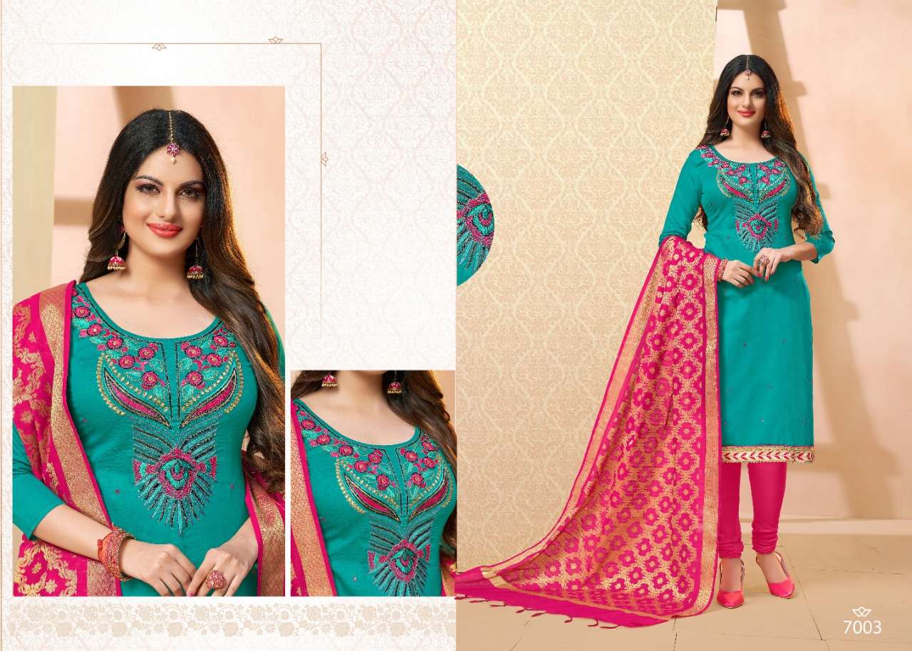 TAZIN VOL-7 BY UTSAV SUITS 7001 TO 7006 SERIES SUITS STYLISH BEAUTIFUL COLOURFUL PRINTED & EMBROIDERED PARTY WEAR & OCCASIONAL WEAR GLAZE COTTON DRESSES AT WHOLESALE PRICE