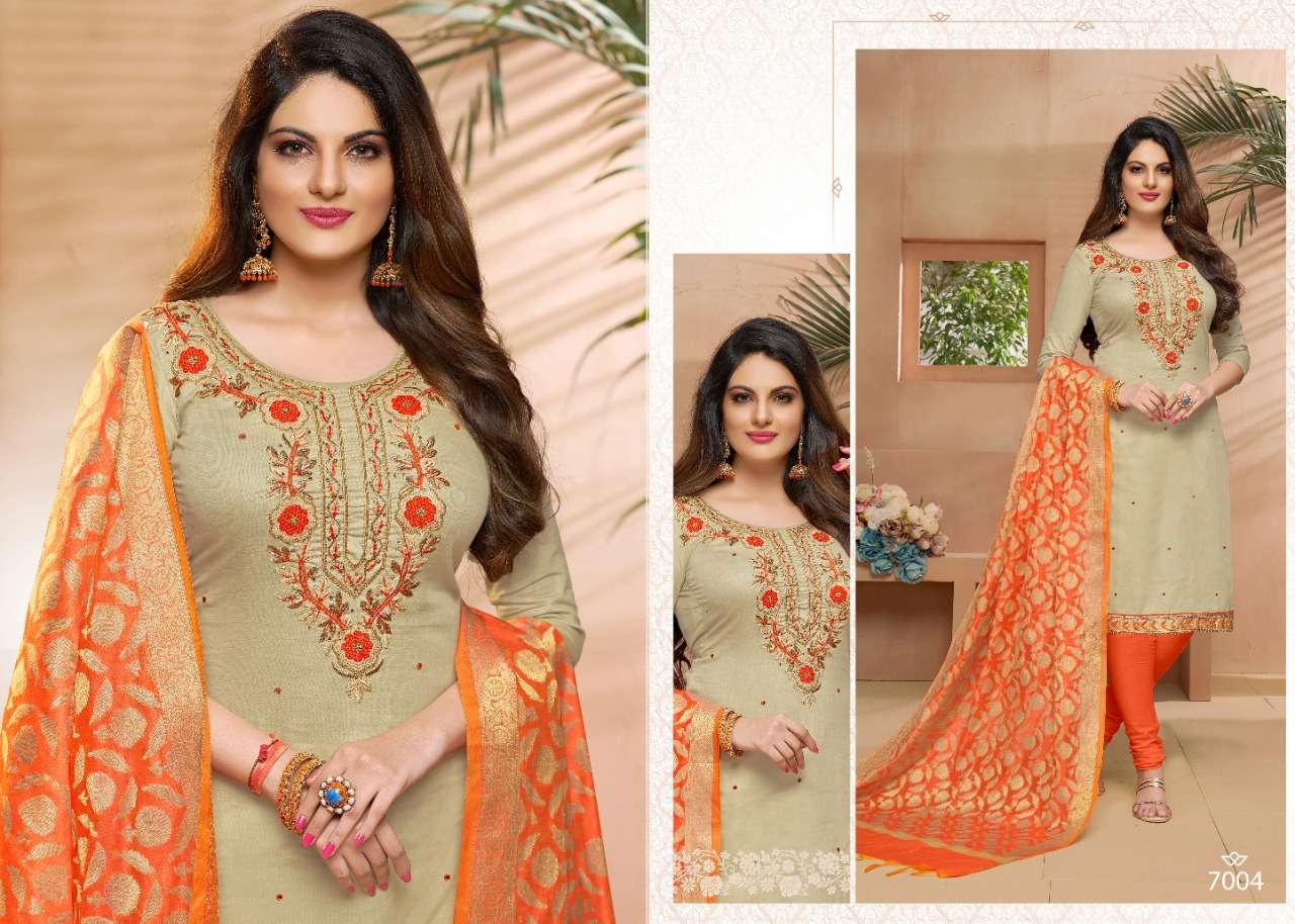 TAZIN VOL-7 BY UTSAV SUITS 7001 TO 7006 SERIES SUITS STYLISH BEAUTIFUL COLOURFUL PRINTED & EMBROIDERED PARTY WEAR & OCCASIONAL WEAR GLAZE COTTON DRESSES AT WHOLESALE PRICE