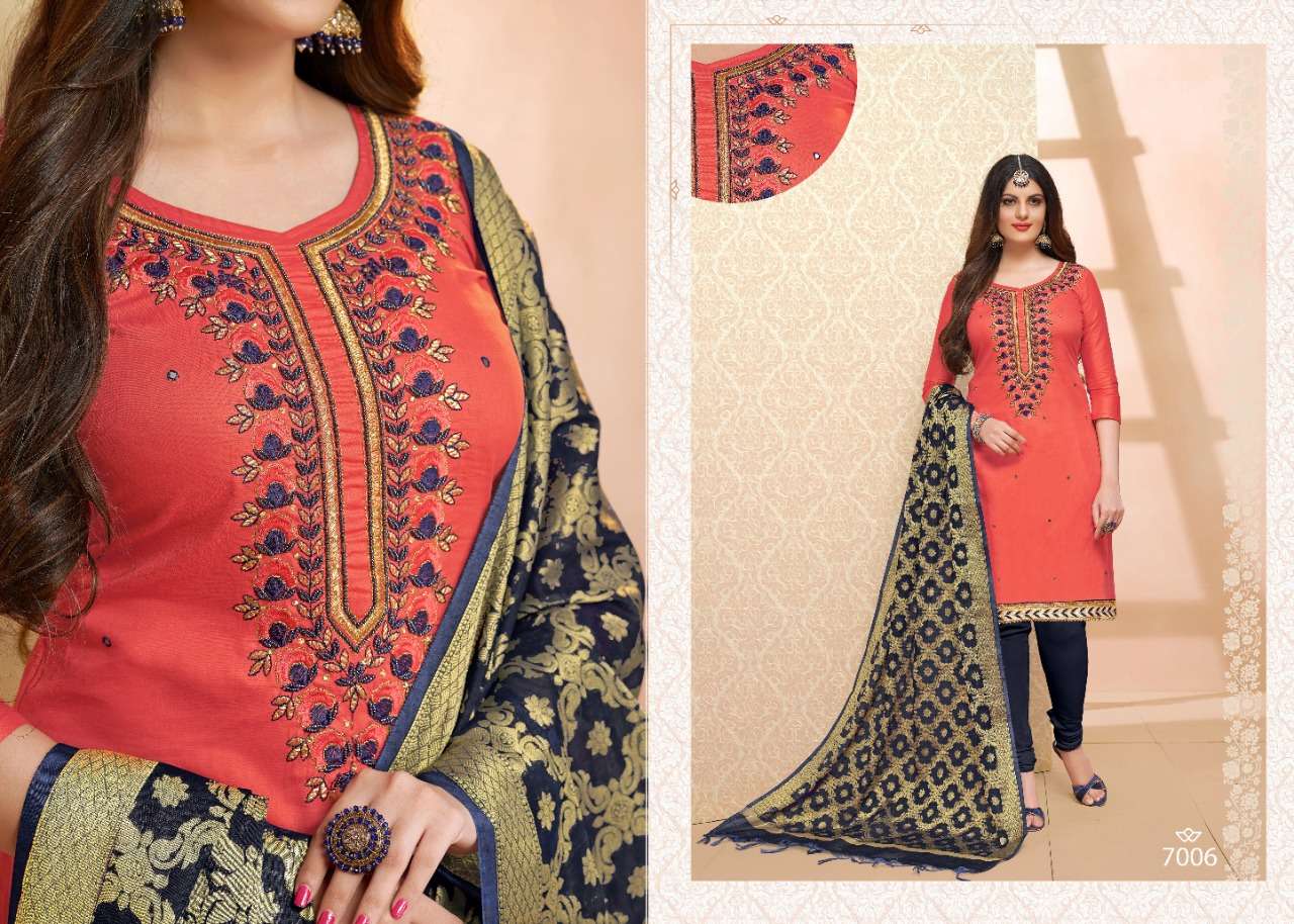 TAZIN VOL-7 BY UTSAV SUITS 7001 TO 7006 SERIES SUITS STYLISH BEAUTIFUL COLOURFUL PRINTED & EMBROIDERED PARTY WEAR & OCCASIONAL WEAR GLAZE COTTON DRESSES AT WHOLESALE PRICE