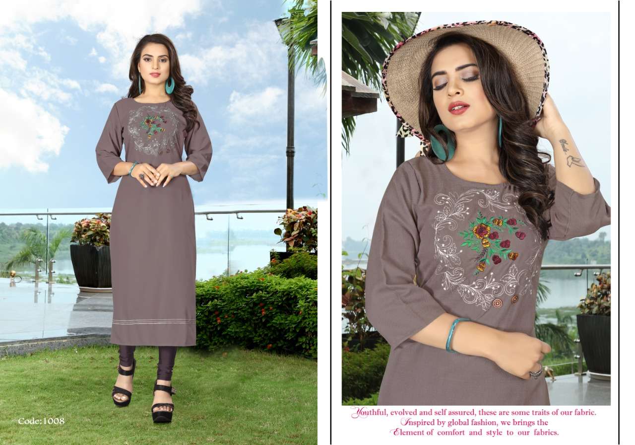 NIKITA BY NEETI CREATION 1008 TO 1014 SERIES BEAUTIFUL COLORFUL STYLISH FANCY CASUAL WEAR & ETHNIC WEAR & READY TO WEAR HEAVY SWISS SLUB EMBROIDERED KURTIS AT WHOLESALE PRICE