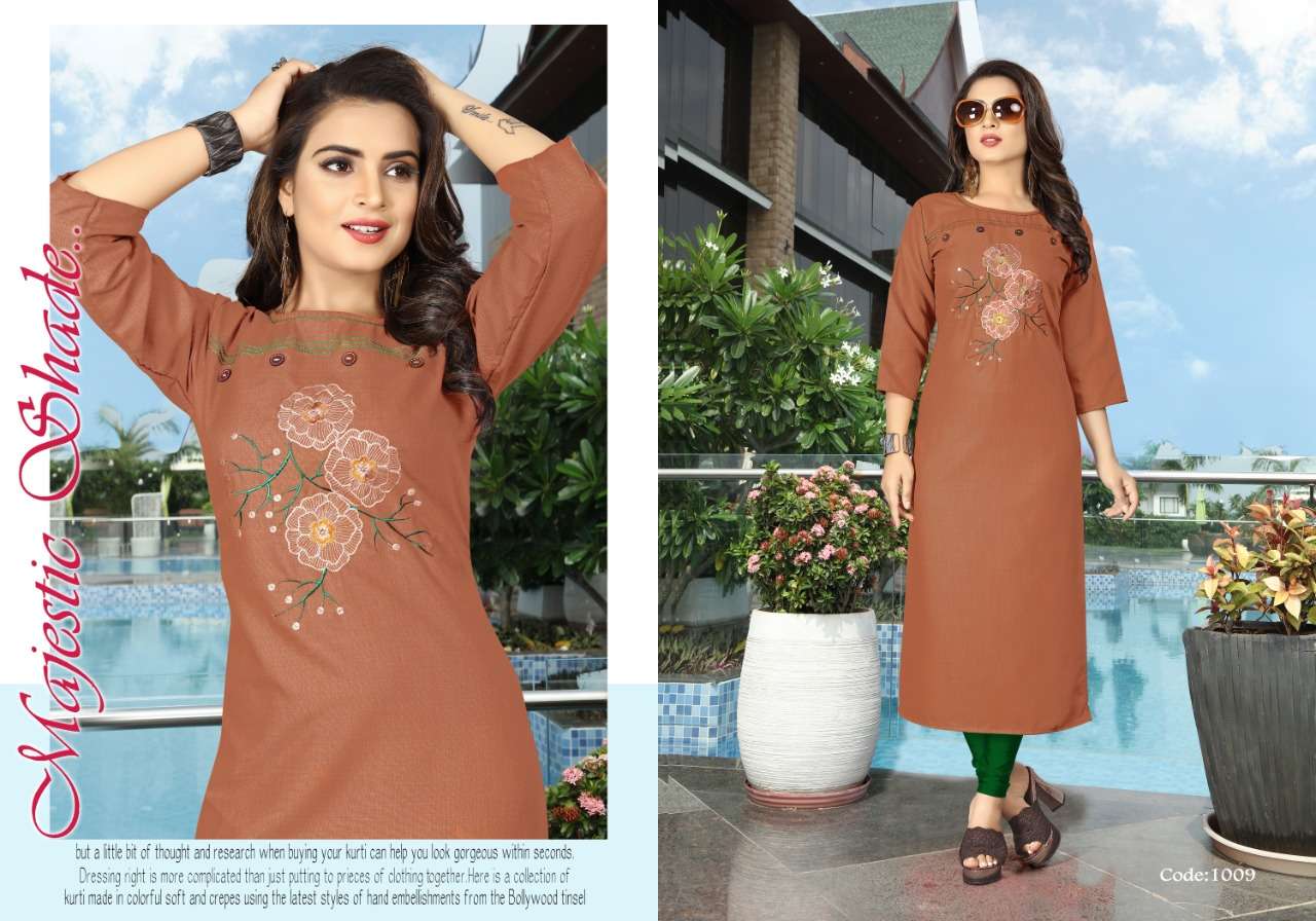 NIKITA BY NEETI CREATION 1008 TO 1014 SERIES BEAUTIFUL COLORFUL STYLISH FANCY CASUAL WEAR & ETHNIC WEAR & READY TO WEAR HEAVY SWISS SLUB EMBROIDERED KURTIS AT WHOLESALE PRICE
