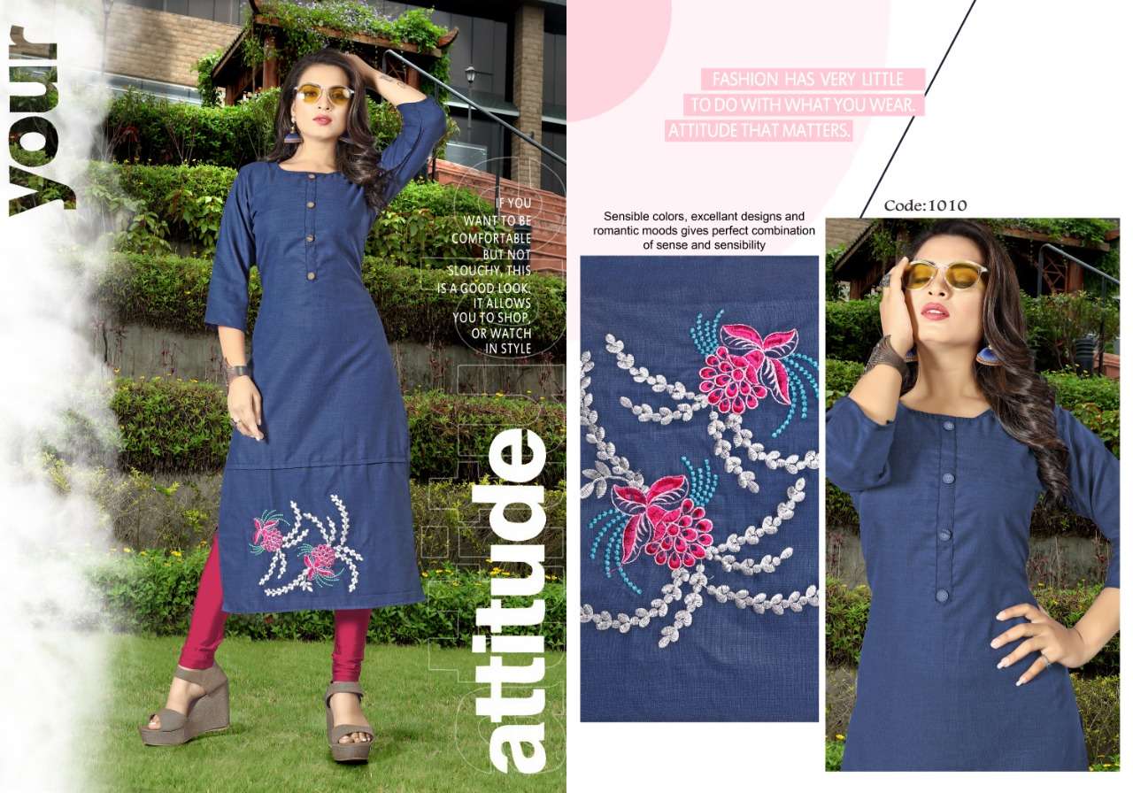 NIKITA BY NEETI CREATION 1008 TO 1014 SERIES BEAUTIFUL COLORFUL STYLISH FANCY CASUAL WEAR & ETHNIC WEAR & READY TO WEAR HEAVY SWISS SLUB EMBROIDERED KURTIS AT WHOLESALE PRICE