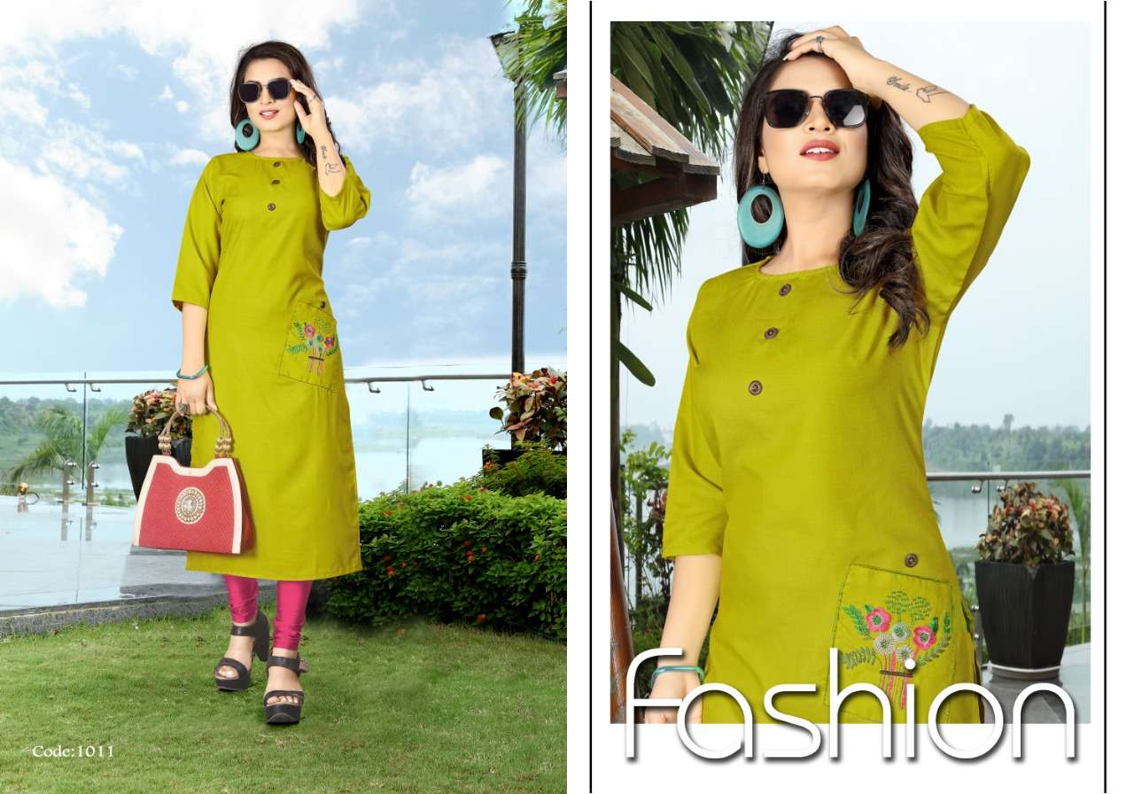 NIKITA BY NEETI CREATION 1008 TO 1014 SERIES BEAUTIFUL COLORFUL STYLISH FANCY CASUAL WEAR & ETHNIC WEAR & READY TO WEAR HEAVY SWISS SLUB EMBROIDERED KURTIS AT WHOLESALE PRICE