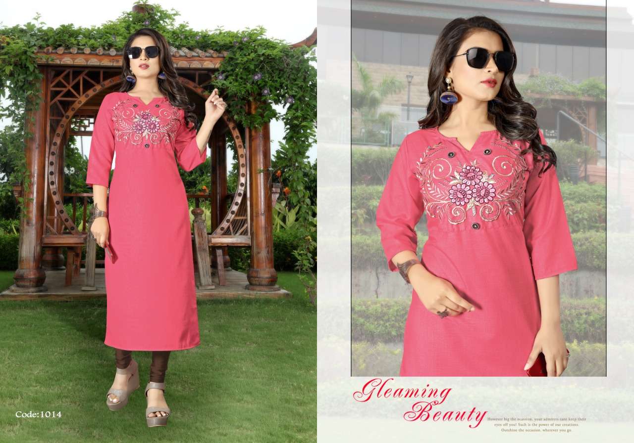 NIKITA BY NEETI CREATION 1008 TO 1014 SERIES BEAUTIFUL COLORFUL STYLISH FANCY CASUAL WEAR & ETHNIC WEAR & READY TO WEAR HEAVY SWISS SLUB EMBROIDERED KURTIS AT WHOLESALE PRICE