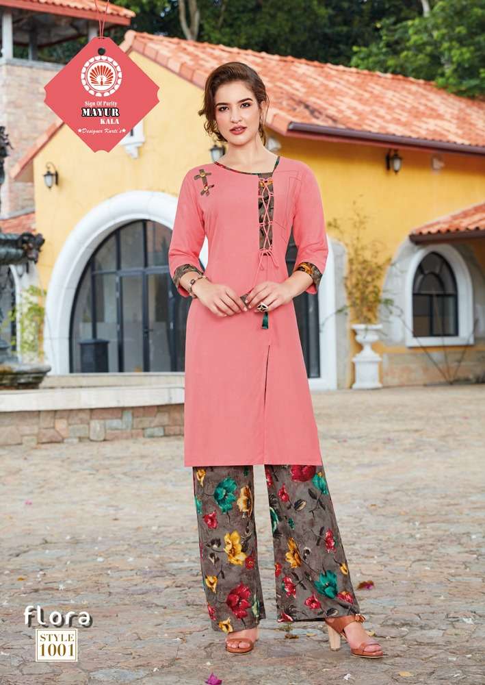 FLORA BY MAYUR KALA 1001 TO 1006 SERIES BEAUTIFUL COLORFUL STYLISH FANCY CASUAL WEAR & ETHNIC WEAR & READY TO WEAR HEAVY RAYON 14 KG KURTIS AT WHOLESALE PRICE