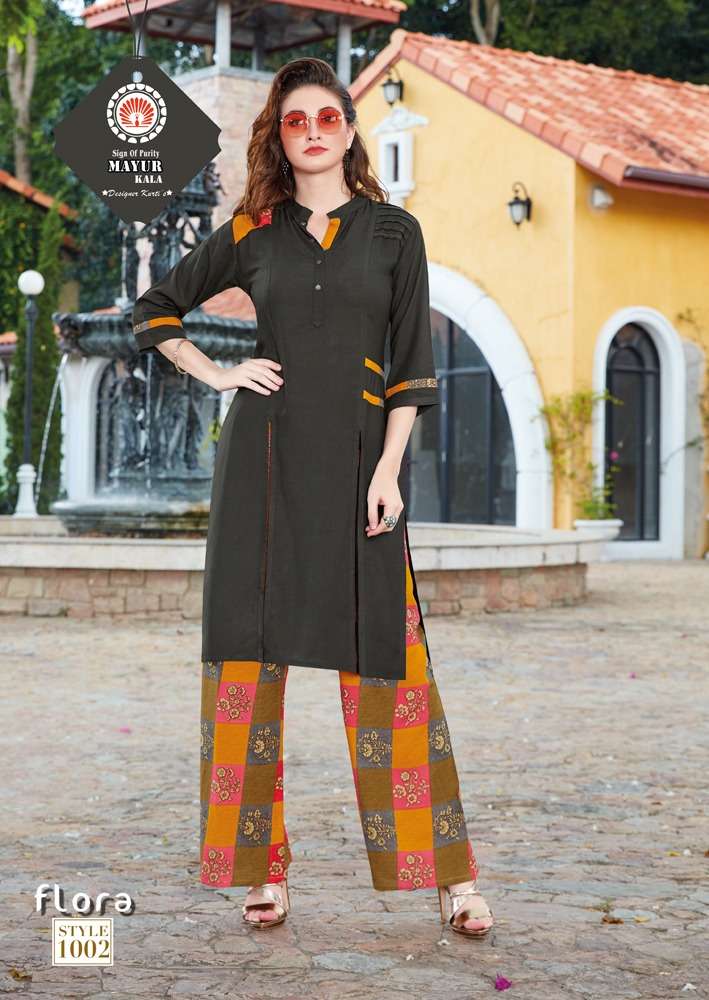 FLORA BY MAYUR KALA 1001 TO 1006 SERIES BEAUTIFUL COLORFUL STYLISH FANCY CASUAL WEAR & ETHNIC WEAR & READY TO WEAR HEAVY RAYON 14 KG KURTIS AT WHOLESALE PRICE