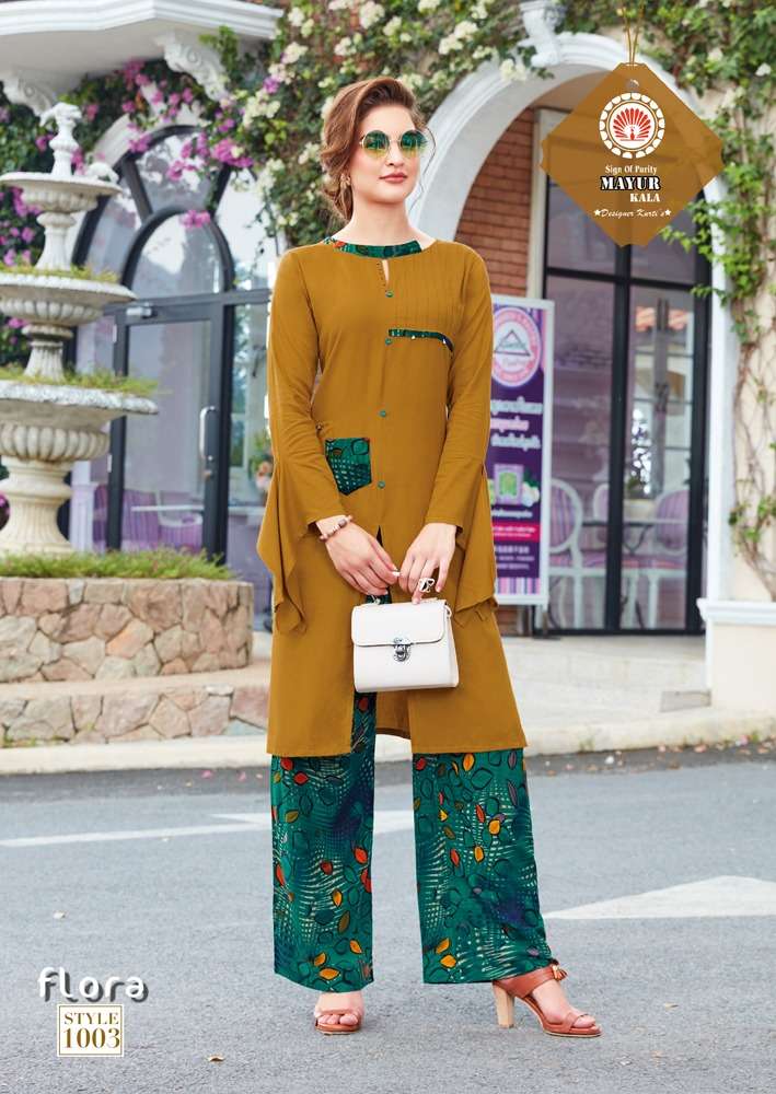 FLORA BY MAYUR KALA 1001 TO 1006 SERIES BEAUTIFUL COLORFUL STYLISH FANCY CASUAL WEAR & ETHNIC WEAR & READY TO WEAR HEAVY RAYON 14 KG KURTIS AT WHOLESALE PRICE