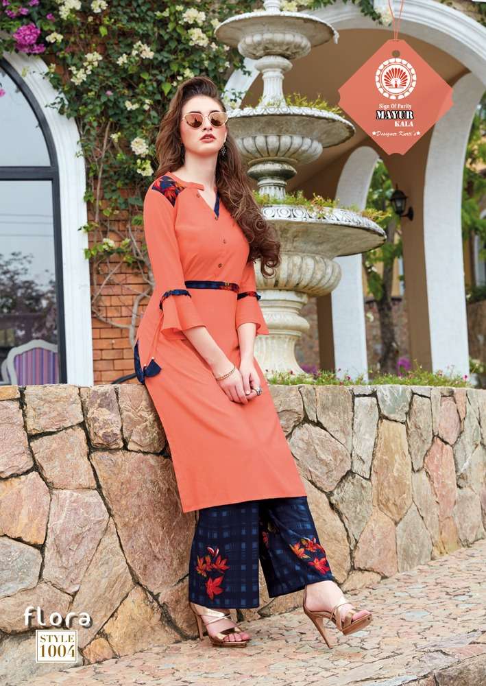 FLORA BY MAYUR KALA 1001 TO 1006 SERIES BEAUTIFUL COLORFUL STYLISH FANCY CASUAL WEAR & ETHNIC WEAR & READY TO WEAR HEAVY RAYON 14 KG KURTIS AT WHOLESALE PRICE