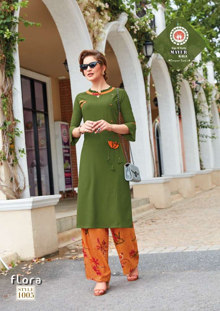 FLORA BY MAYUR KALA 1001 TO 1006 SERIES BEAUTIFUL COLORFUL STYLISH FANCY CASUAL WEAR & ETHNIC WEAR & READY TO WEAR HEAVY RAYON 14 KG KURTIS AT WHOLESALE PRICE