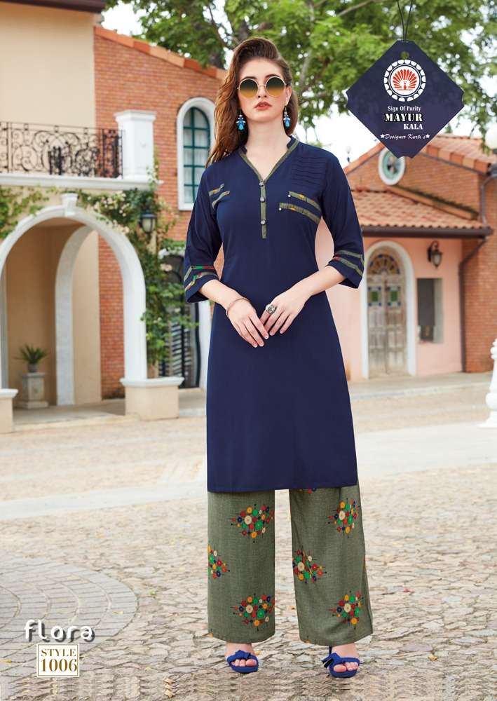 FLORA BY MAYUR KALA 1001 TO 1006 SERIES BEAUTIFUL COLORFUL STYLISH FANCY CASUAL WEAR & ETHNIC WEAR & READY TO WEAR HEAVY RAYON 14 KG KURTIS AT WHOLESALE PRICE
