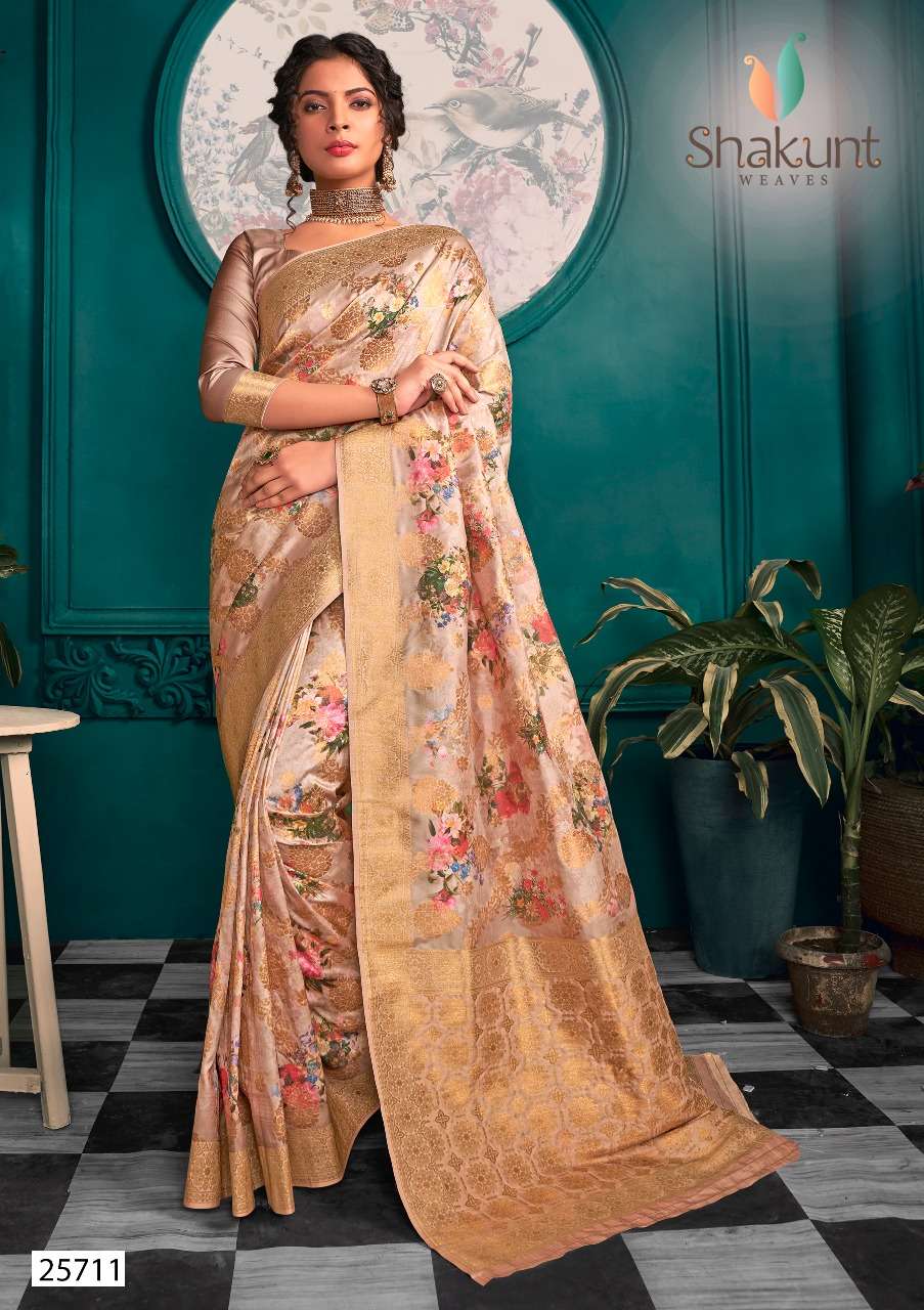 KABIR PANTHI BY SHAKUNT 25711 TO 25715 SERIES INDIAN TRADITIONAL WEAR COLLECTION BEAUTIFUL STYLISH FANCY COLORFUL PARTY WEAR & OCCASIONAL WEAR HEAVY ART SILK DIGITAL PRINT WITH THREAD WORK SAREES AT WHOLESALE PRICE