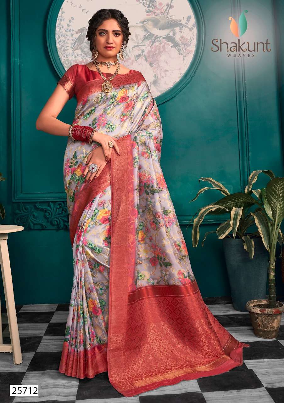 KABIR PANTHI BY SHAKUNT 25711 TO 25715 SERIES INDIAN TRADITIONAL WEAR COLLECTION BEAUTIFUL STYLISH FANCY COLORFUL PARTY WEAR & OCCASIONAL WEAR HEAVY ART SILK DIGITAL PRINT WITH THREAD WORK SAREES AT WHOLESALE PRICE