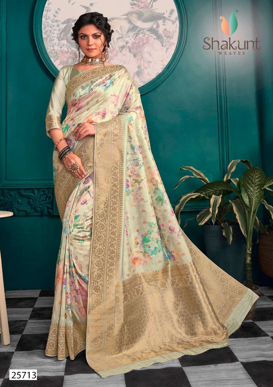 KABIR PANTHI BY SHAKUNT 25711 TO 25715 SERIES INDIAN TRADITIONAL WEAR COLLECTION BEAUTIFUL STYLISH FANCY COLORFUL PARTY WEAR & OCCASIONAL WEAR HEAVY ART SILK DIGITAL PRINT WITH THREAD WORK SAREES AT WHOLESALE PRICE
