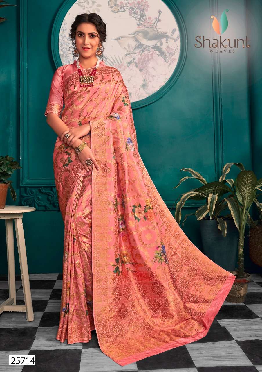 KABIR PANTHI BY SHAKUNT 25711 TO 25715 SERIES INDIAN TRADITIONAL WEAR COLLECTION BEAUTIFUL STYLISH FANCY COLORFUL PARTY WEAR & OCCASIONAL WEAR HEAVY ART SILK DIGITAL PRINT WITH THREAD WORK SAREES AT WHOLESALE PRICE
