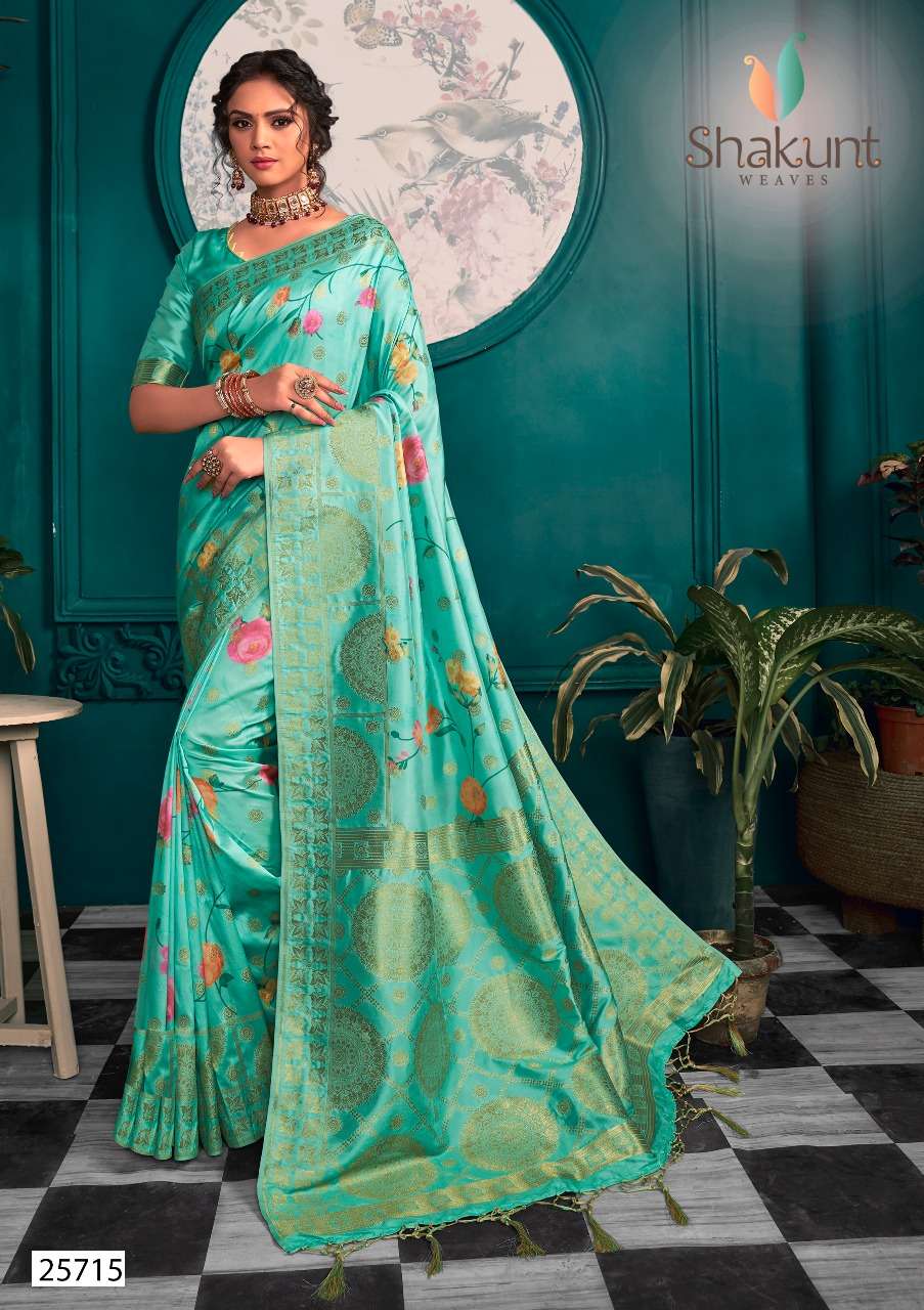 KABIR PANTHI BY SHAKUNT 25711 TO 25715 SERIES INDIAN TRADITIONAL WEAR COLLECTION BEAUTIFUL STYLISH FANCY COLORFUL PARTY WEAR & OCCASIONAL WEAR HEAVY ART SILK DIGITAL PRINT WITH THREAD WORK SAREES AT WHOLESALE PRICE