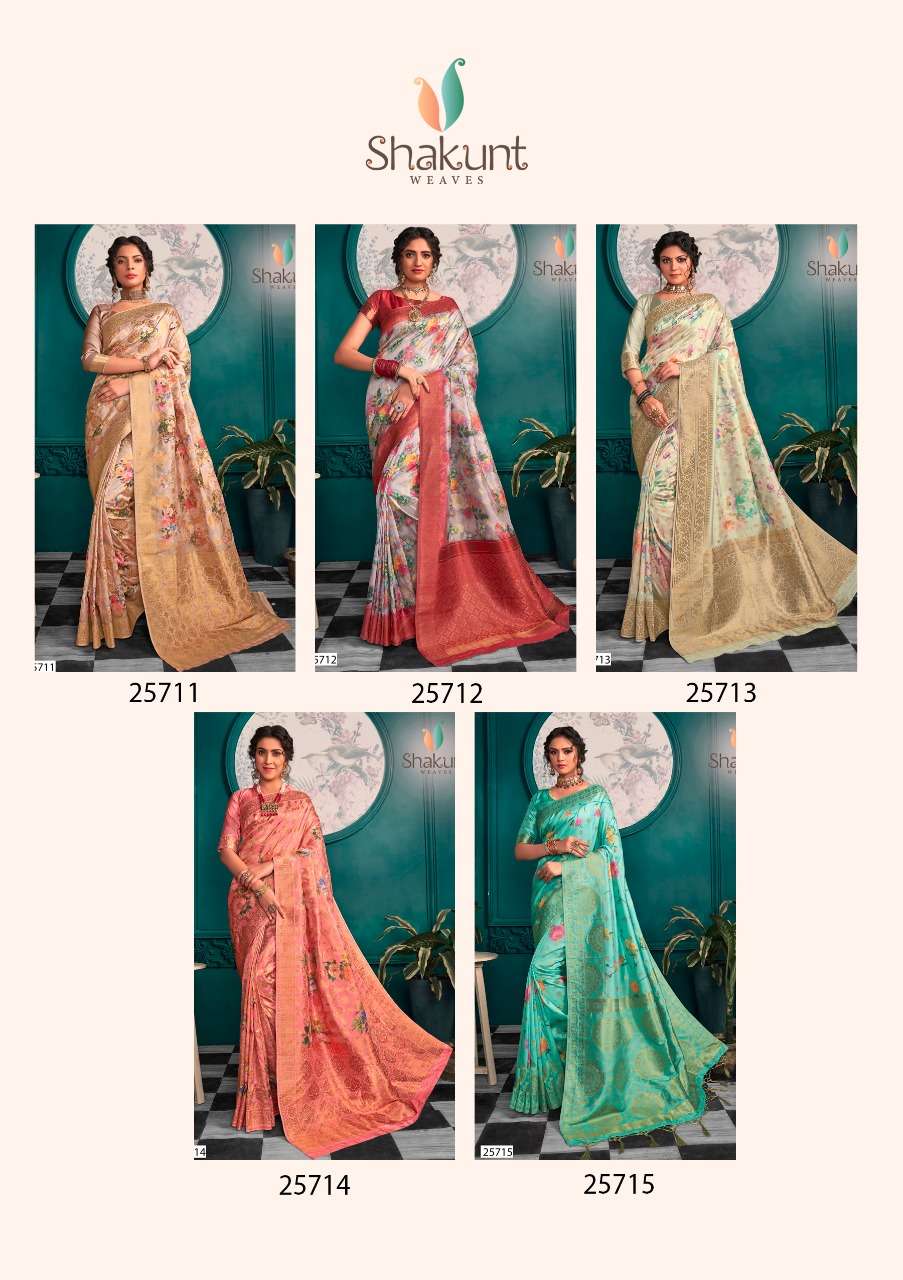 KABIR PANTHI BY SHAKUNT 25711 TO 25715 SERIES INDIAN TRADITIONAL WEAR COLLECTION BEAUTIFUL STYLISH FANCY COLORFUL PARTY WEAR & OCCASIONAL WEAR HEAVY ART SILK DIGITAL PRINT WITH THREAD WORK SAREES AT WHOLESALE PRICE