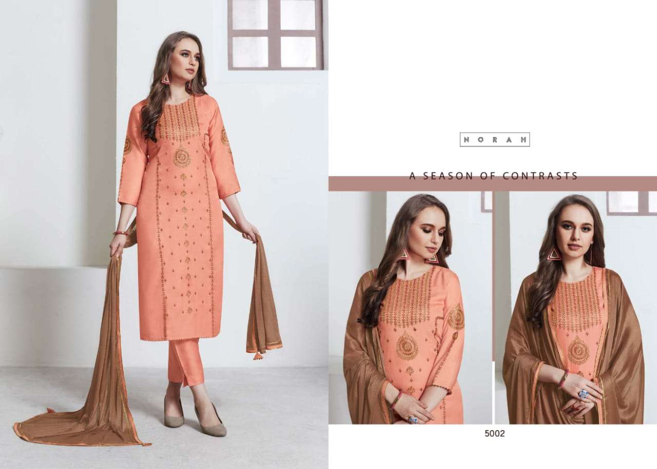 NETRA BY NEHA FASHION 5001 TO 5007 SERIES BEAUTIFUL STYLISH DESIGNER PRINTED AND EMBROIDERED PARTY WEAR OCCASIONAL WEAR TUSSAR SILK DRESSES AT WHOLESALE PRICE