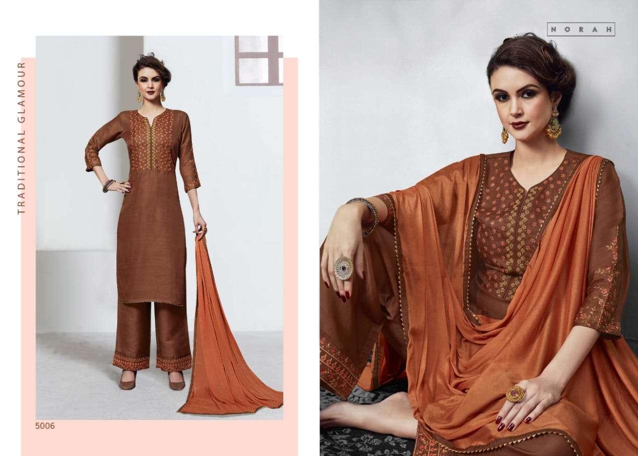 NETRA BY NEHA FASHION 5001 TO 5007 SERIES BEAUTIFUL STYLISH DESIGNER PRINTED AND EMBROIDERED PARTY WEAR OCCASIONAL WEAR TUSSAR SILK DRESSES AT WHOLESALE PRICE