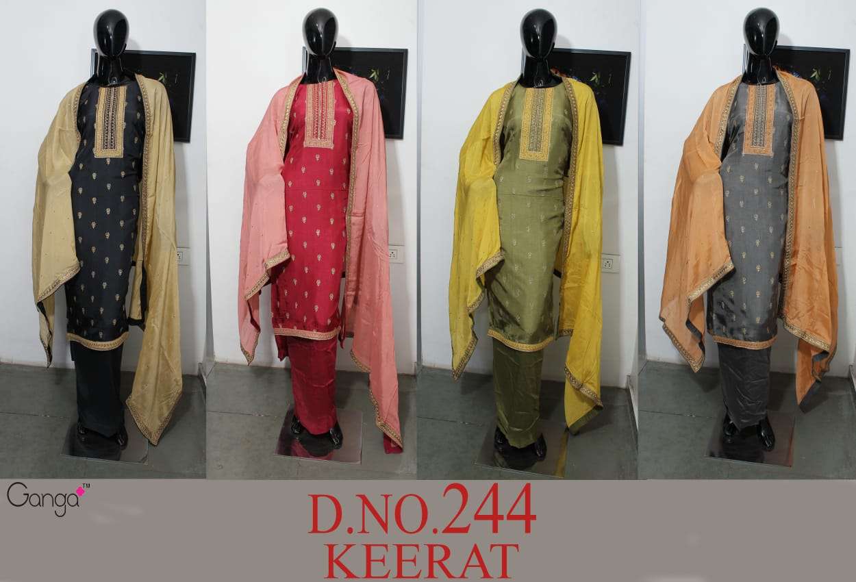 KEERAT-244 BY GANGA FASHION 01 TO 04 SERIES INDIAN TRADITIONAL WEAR COLLECTION BEAUTIFUL STYLISH FANCY COLORFUL PARTY WEAR & OCCASIONAL WEAR RUSSIAN SILK WITH HEAVY EMBROIDERY DRESSES AT WHOLESALE PRICE