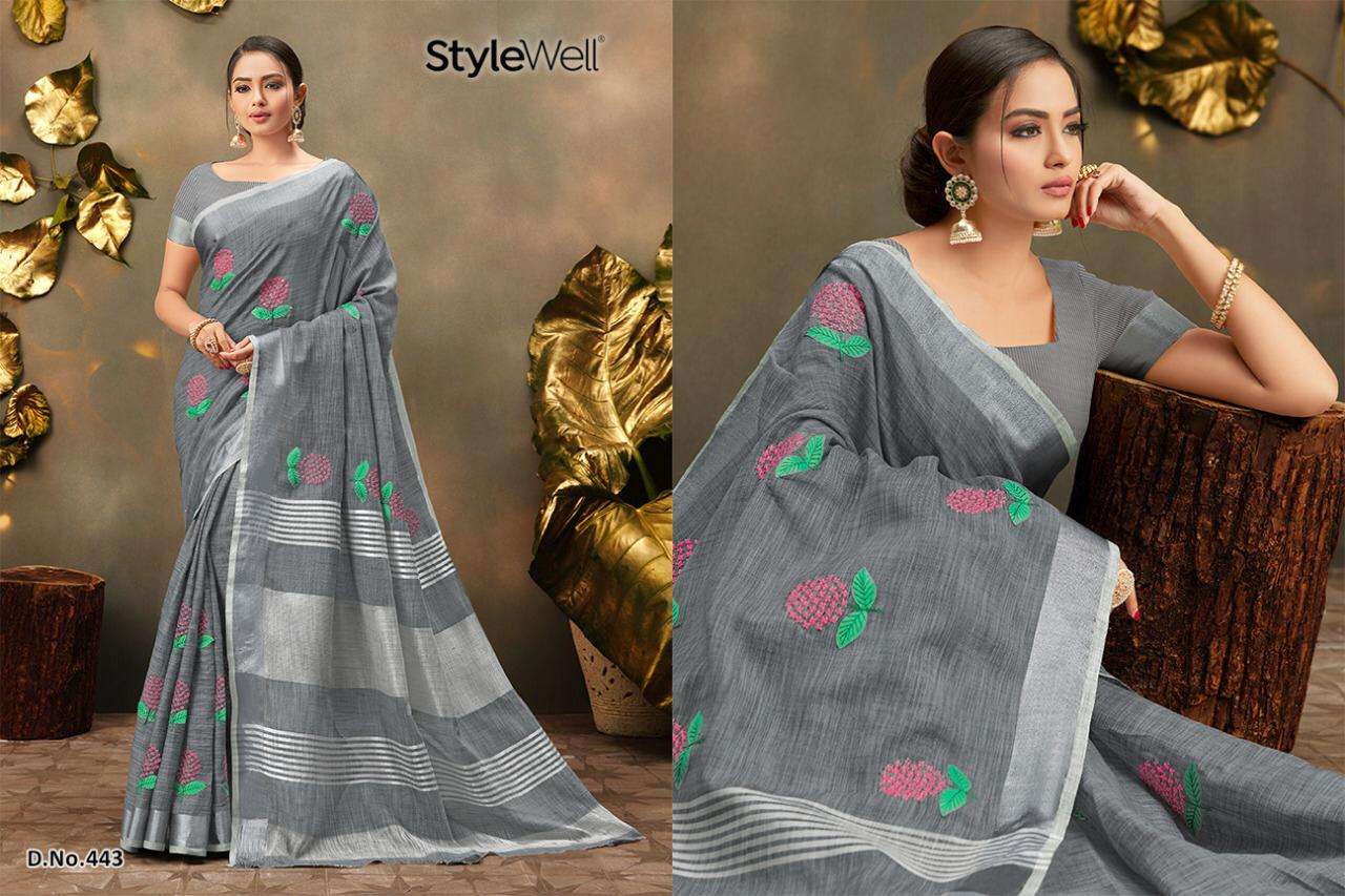 KAVYA BY STYLEWELL 441 TO 447 SERIES INDIAN TRADITIONAL WEAR COLLECTION BEAUTIFUL STYLISH FANCY COLORFUL PARTY WEAR & OCCASIONAL WEAR DYED WITH EMBROIDERY SAREES AT WHOLESALE PRICE