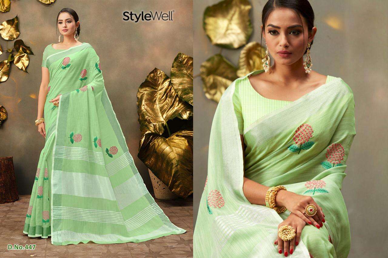 KAVYA BY STYLEWELL 441 TO 447 SERIES INDIAN TRADITIONAL WEAR COLLECTION BEAUTIFUL STYLISH FANCY COLORFUL PARTY WEAR & OCCASIONAL WEAR DYED WITH EMBROIDERY SAREES AT WHOLESALE PRICE