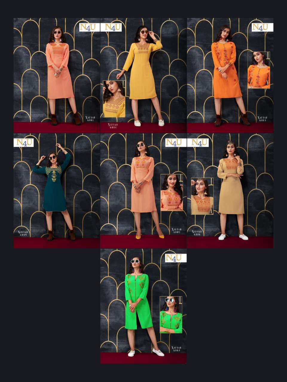 NAYYAB BY NEHA FASHION 6001 TO 6007 SERIES BEAUTIFUL STYLISH FANCY COLORFUL CASUAL WEAR & ETHNIC WEAR & READY TO WEAR RAYON WITH EMBROIDERED KURTIS AT WHOLESALE PRICE