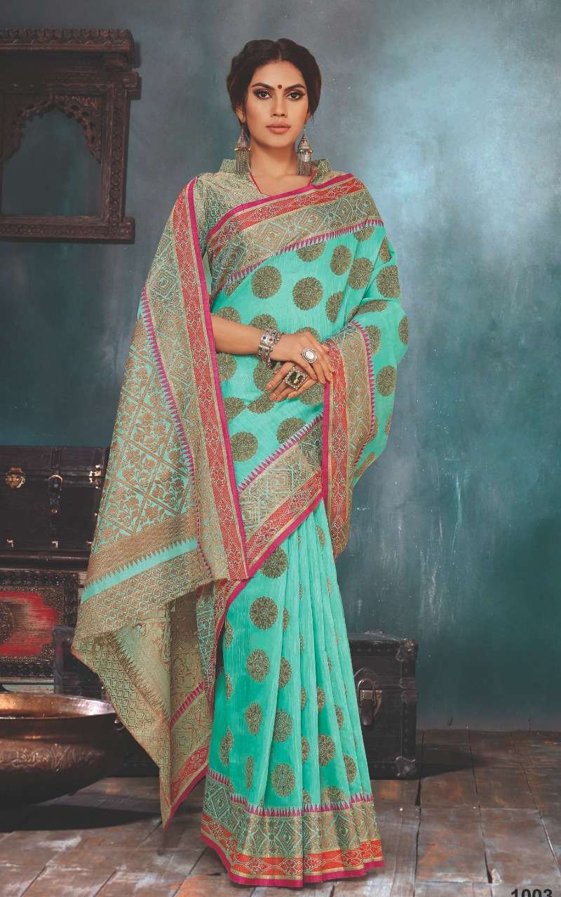 MALBARI HANDLOOM BY SANGAM PRINTS 1001 TO 1006 SERIES INDIAN TRADITIONAL WEAR COLLECTION BEAUTIFUL STYLISH FANCY COLORFUL PARTY WEAR & OCCASIONAL WEAR BLEND SILK SAREES AT WHOLESALE PRICE