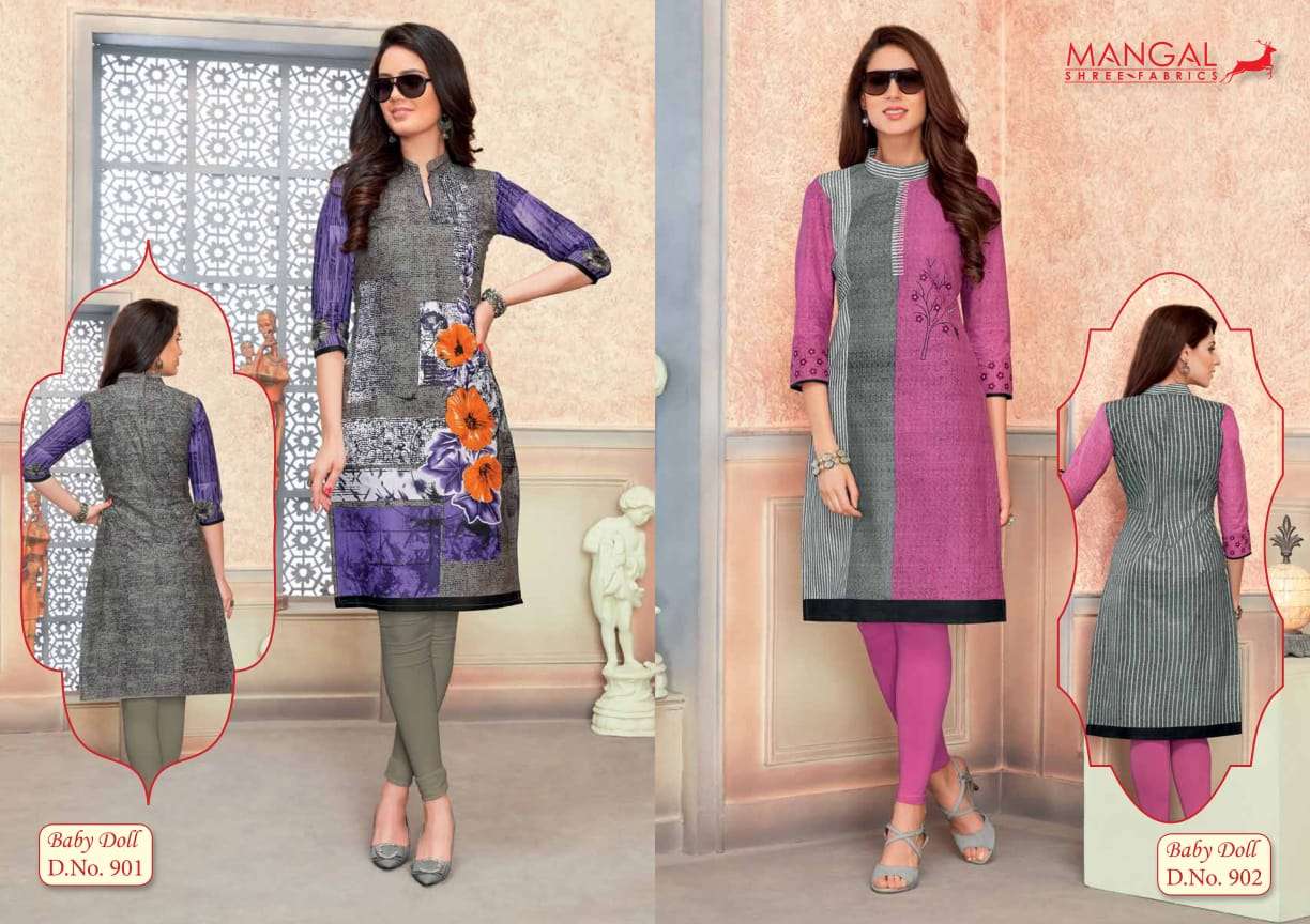 BABY DOLL VOL-9 BY MANGAL SHREE FABS 901 TO 918 SERIES BEAUTIFUL STYLISH FANCY COLORFUL CASUAL WEAR & ETHNIC WEAR & READY TO WEAR COTTON KURTIS AT WHOLESALE PRICE