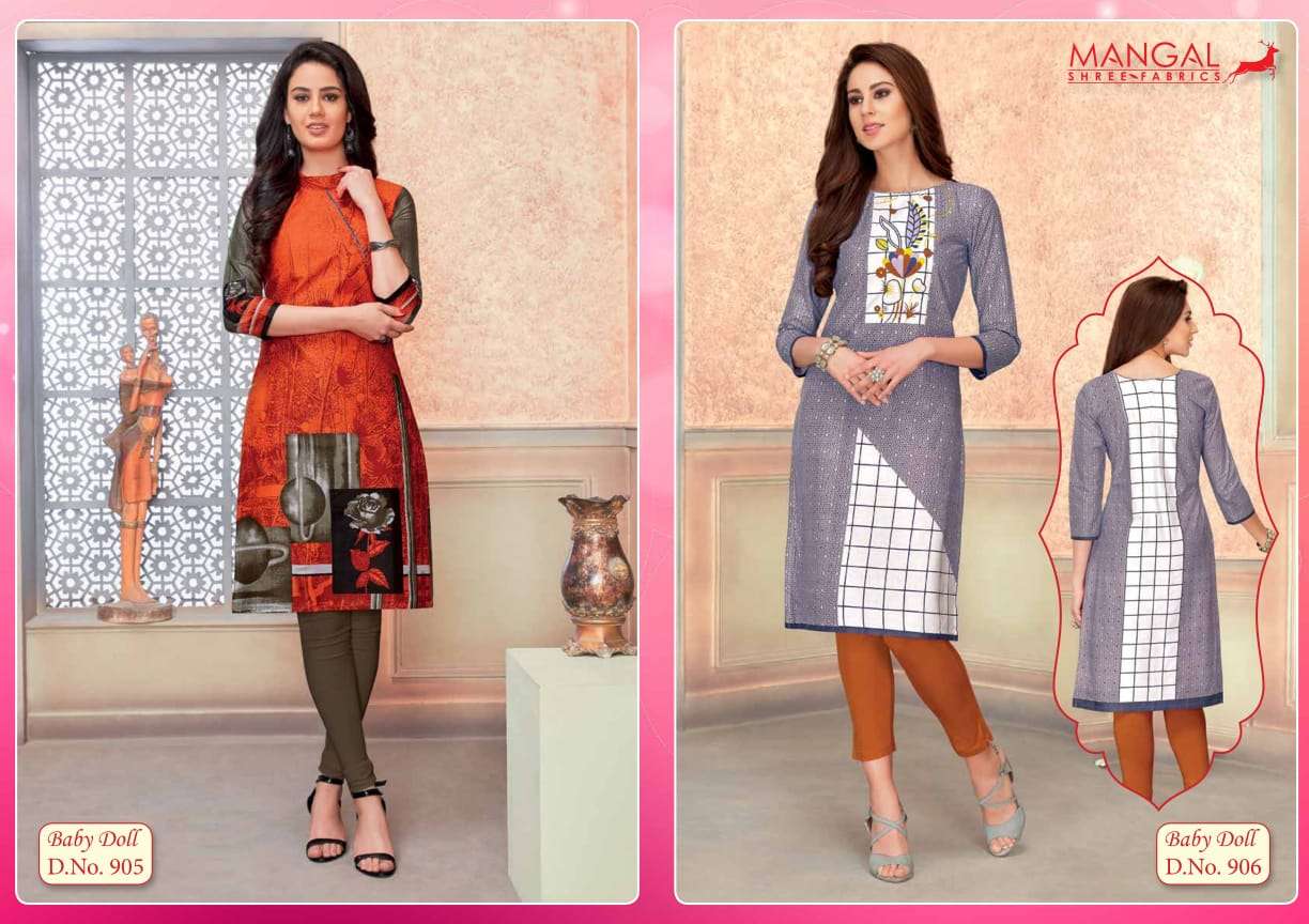 BABY DOLL VOL-9 BY MANGAL SHREE FABS 901 TO 918 SERIES BEAUTIFUL STYLISH FANCY COLORFUL CASUAL WEAR & ETHNIC WEAR & READY TO WEAR COTTON KURTIS AT WHOLESALE PRICE