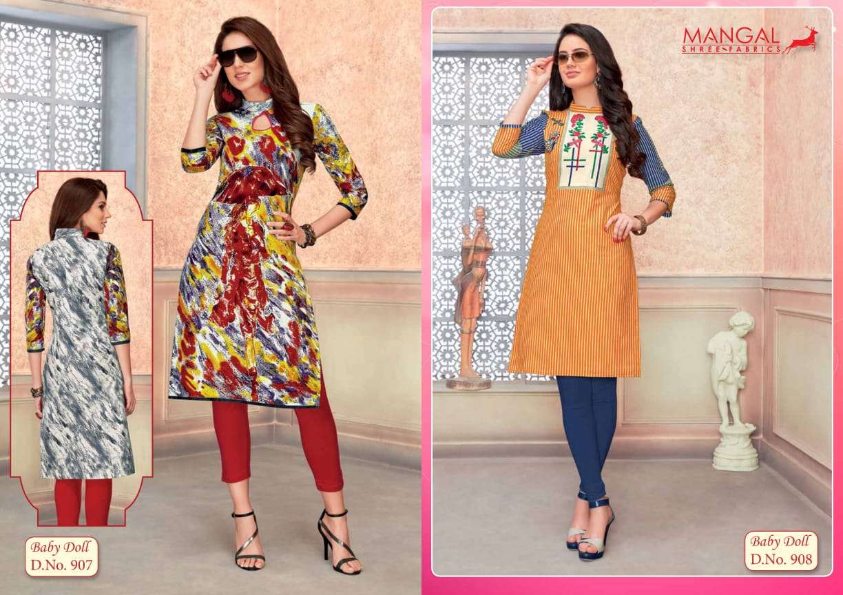 BABY DOLL VOL-9 BY MANGAL SHREE FABS 901 TO 918 SERIES BEAUTIFUL STYLISH FANCY COLORFUL CASUAL WEAR & ETHNIC WEAR & READY TO WEAR COTTON KURTIS AT WHOLESALE PRICE