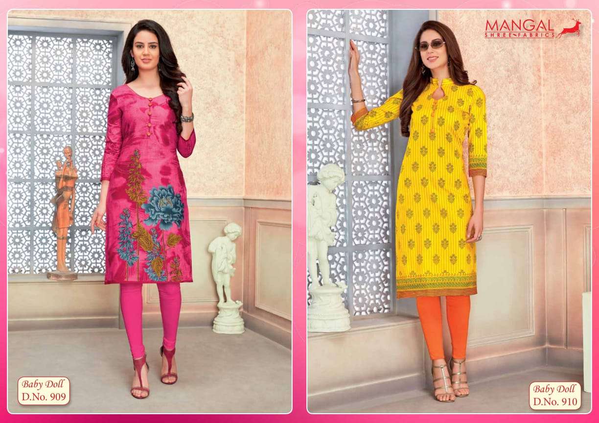 BABY DOLL VOL-9 BY MANGAL SHREE FABS 901 TO 918 SERIES BEAUTIFUL STYLISH FANCY COLORFUL CASUAL WEAR & ETHNIC WEAR & READY TO WEAR COTTON KURTIS AT WHOLESALE PRICE