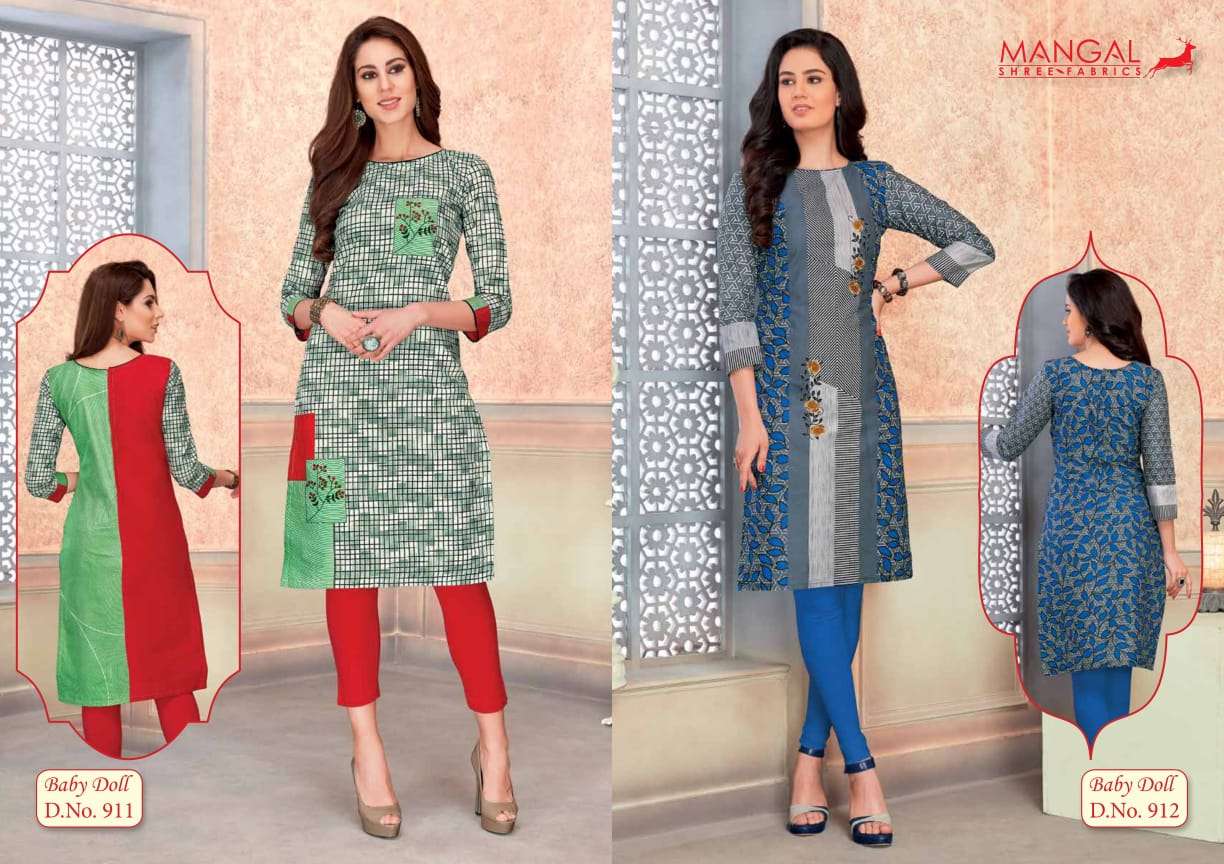 BABY DOLL VOL-9 BY MANGAL SHREE FABS 901 TO 918 SERIES BEAUTIFUL STYLISH FANCY COLORFUL CASUAL WEAR & ETHNIC WEAR & READY TO WEAR COTTON KURTIS AT WHOLESALE PRICE