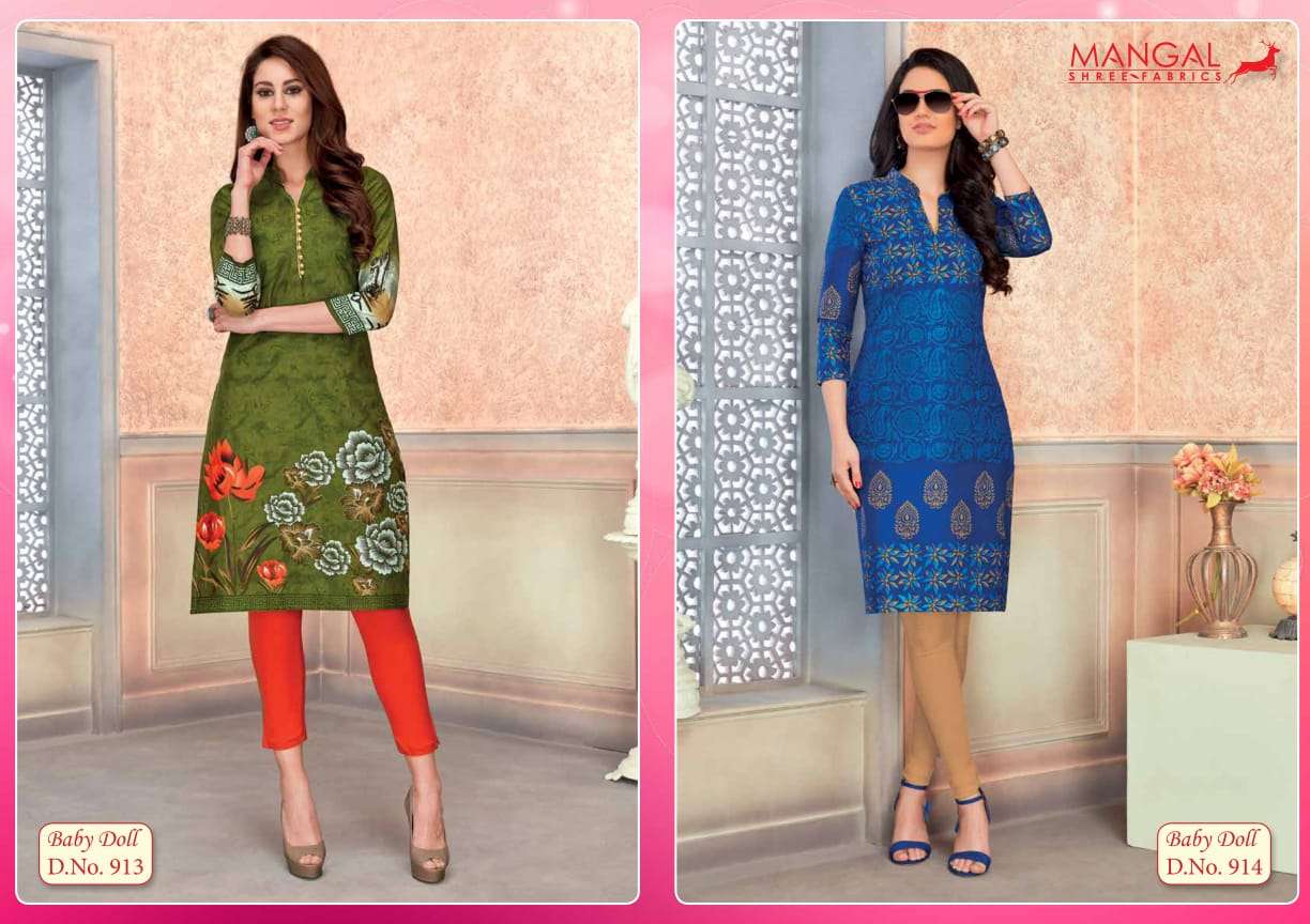 BABY DOLL VOL-9 BY MANGAL SHREE FABS 901 TO 918 SERIES BEAUTIFUL STYLISH FANCY COLORFUL CASUAL WEAR & ETHNIC WEAR & READY TO WEAR COTTON KURTIS AT WHOLESALE PRICE