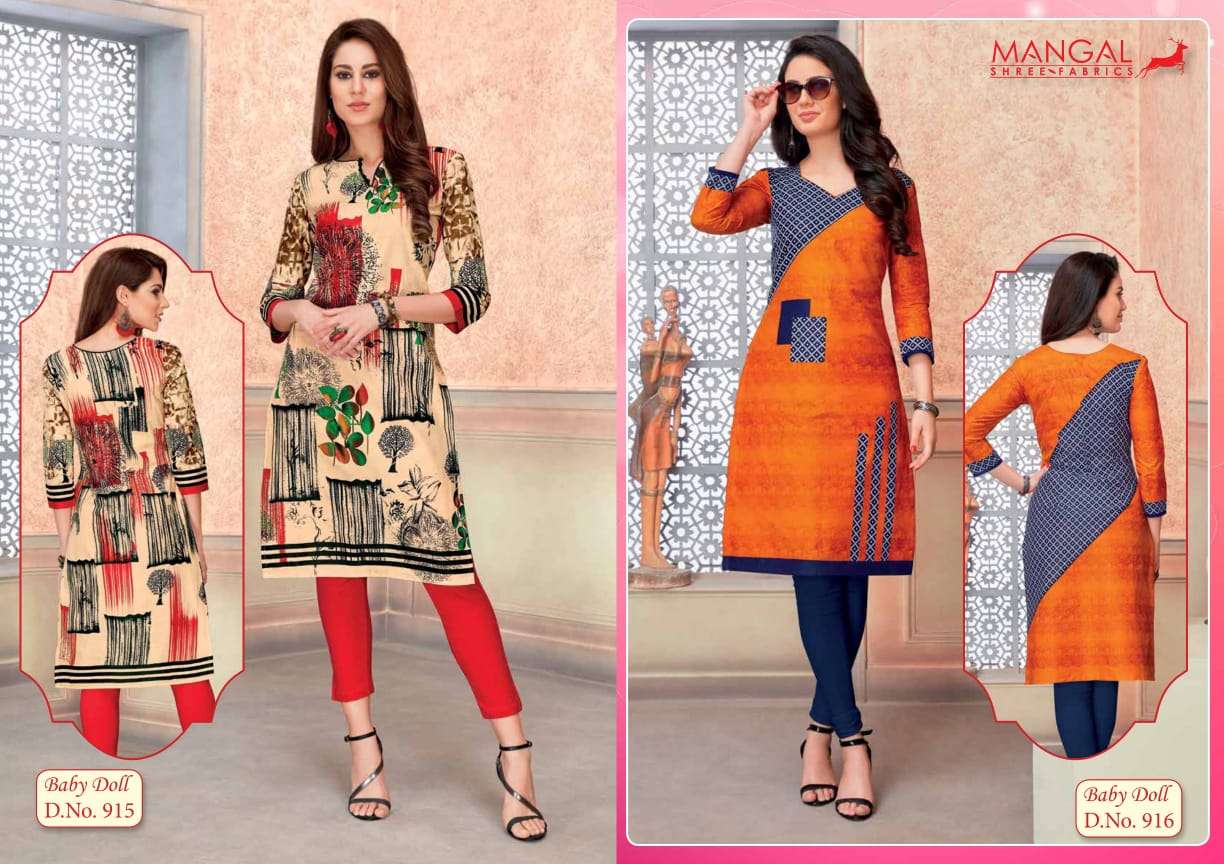 BABY DOLL VOL-9 BY MANGAL SHREE FABS 901 TO 918 SERIES BEAUTIFUL STYLISH FANCY COLORFUL CASUAL WEAR & ETHNIC WEAR & READY TO WEAR COTTON KURTIS AT WHOLESALE PRICE