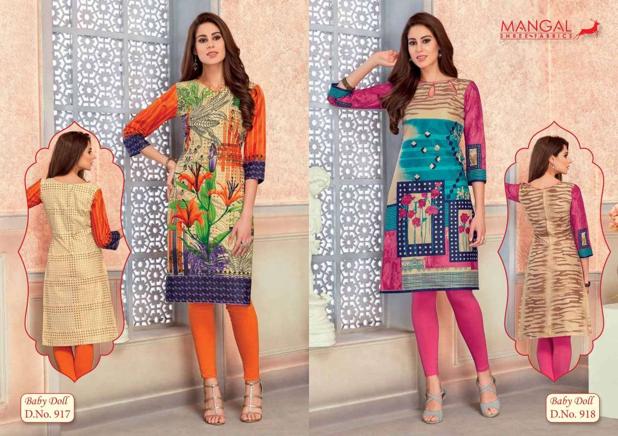 BABY DOLL VOL-9 BY MANGAL SHREE FABS 901 TO 918 SERIES BEAUTIFUL STYLISH FANCY COLORFUL CASUAL WEAR & ETHNIC WEAR & READY TO WEAR COTTON KURTIS AT WHOLESALE PRICE