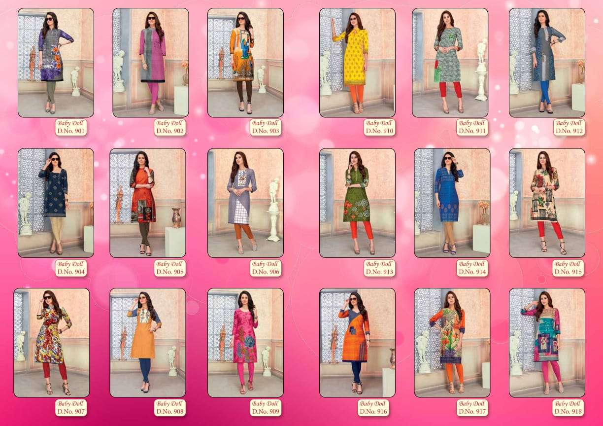 BABY DOLL VOL-9 BY MANGAL SHREE FABS 901 TO 918 SERIES BEAUTIFUL STYLISH FANCY COLORFUL CASUAL WEAR & ETHNIC WEAR & READY TO WEAR COTTON KURTIS AT WHOLESALE PRICE