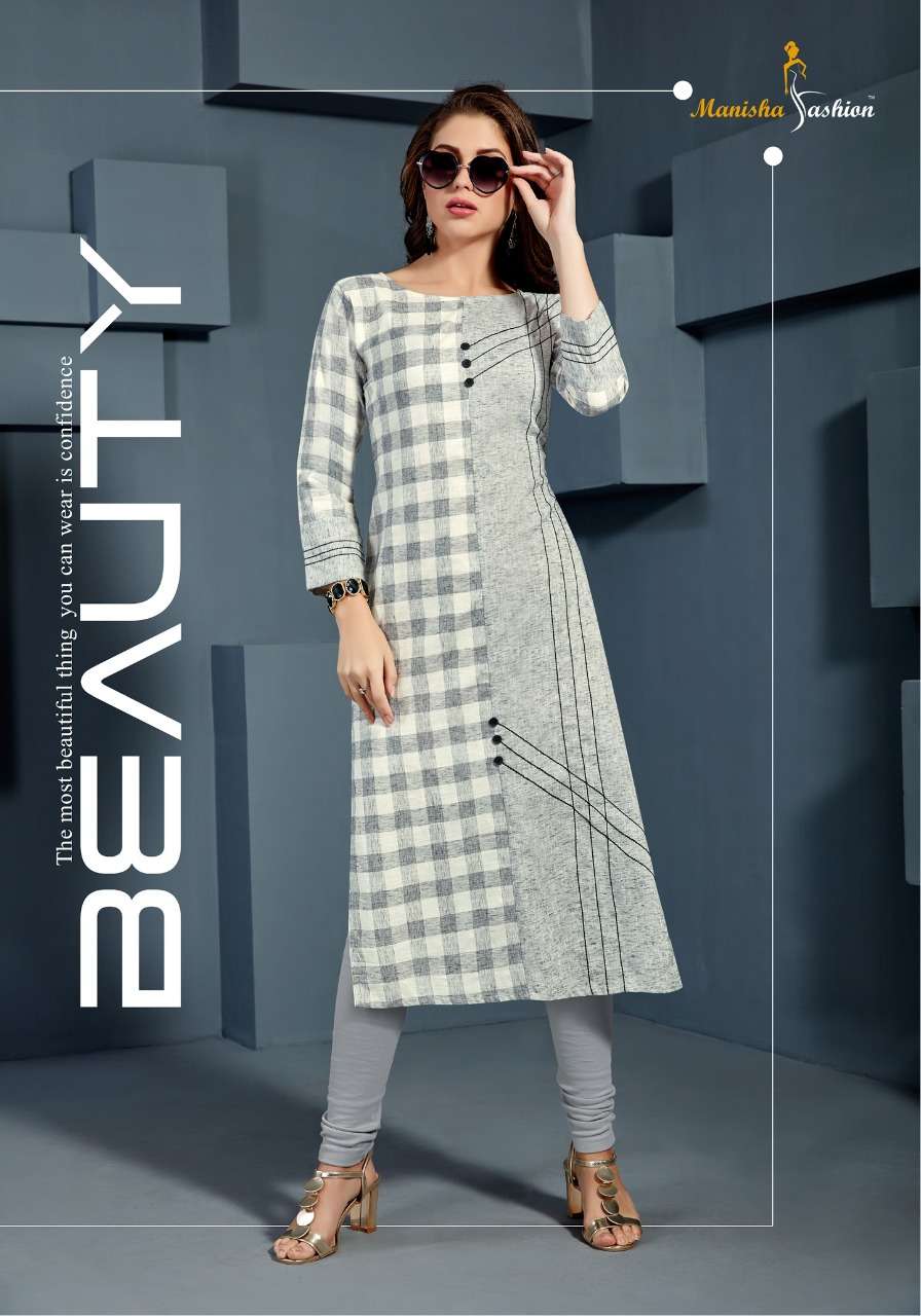 MANNAT BY MANISHA FASHION 101 TO 106 SERIES BEAUTIFUL STYLISH FANCY COLORFUL CASUAL WEAR & ETHNIC WEAR & READY TO WEAR COTTON CHECKS WITH STRIP KURTIS AT WHOLESALE PRICE
