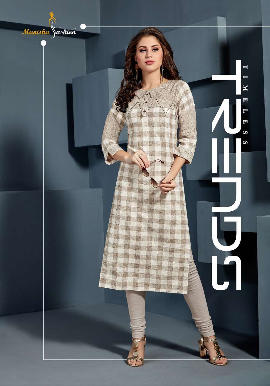 MANNAT BY MANISHA FASHION 101 TO 106 SERIES BEAUTIFUL STYLISH FANCY COLORFUL CASUAL WEAR & ETHNIC WEAR & READY TO WEAR COTTON CHECKS WITH STRIP KURTIS AT WHOLESALE PRICE