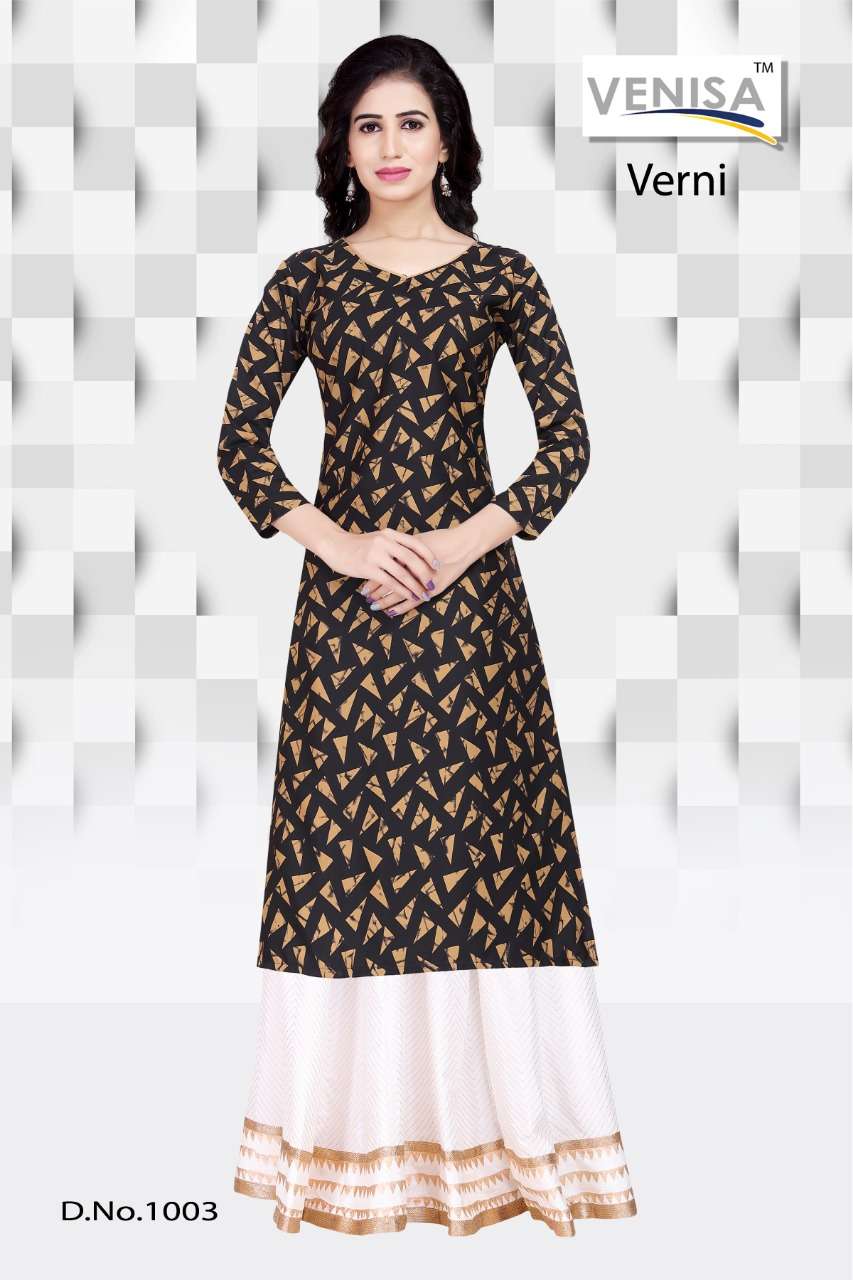 VERNI BY VENISA 1001 TO 1003 SERIES BEAUTIFUL STYLISH FANCY COLORFUL CASUAL WEAR & ETHNIC WEAR & READY TO WEAR RAYON BLENDED KURTIS AT WHOLESALE PRICE
