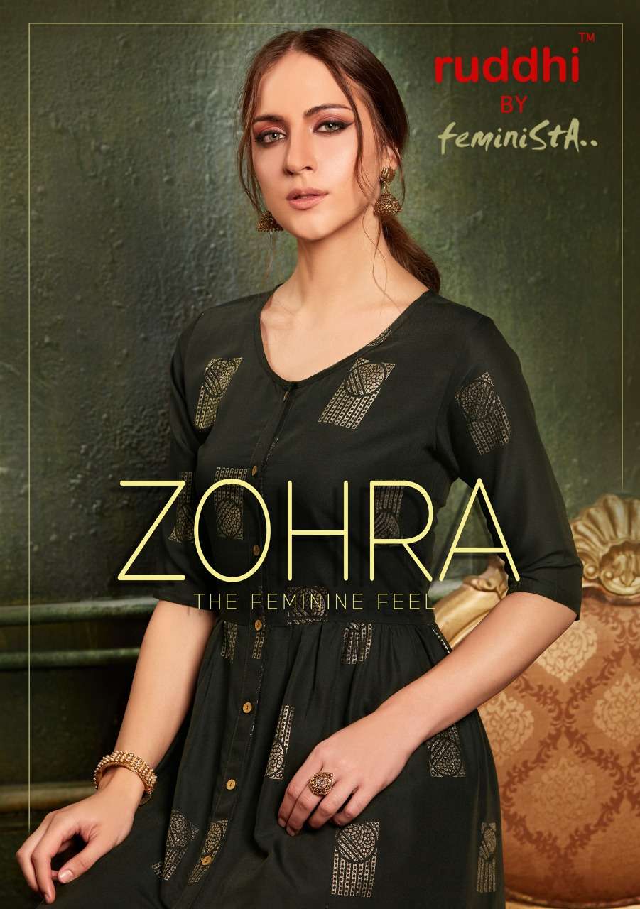 ZOHRA BY RUDDHI DRESSLINE 1001 TO 1004 SERIES BEAUTIFUL STYLISH FANCY COLORFUL CASUAL WEAR & ETHNIC WEAR & READY TO WEAR RAYON FOIL PRINTED KURTIS WITH BOTTOM AT WHOLESALE PRICE