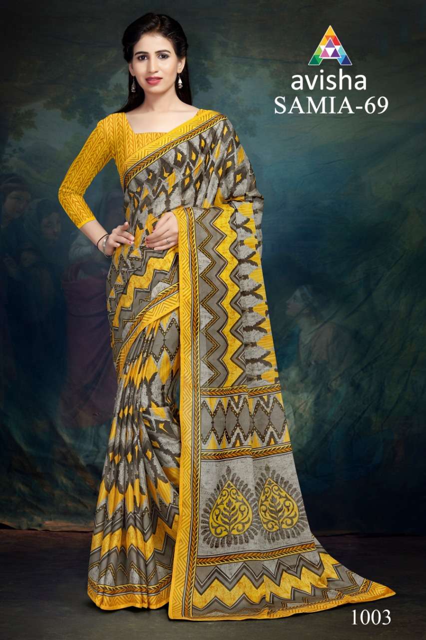 SAMIA VOL-69 BY AVISHA 1001 TO 1004 SERIES INDIAN TRADITIONAL WEAR COLLECTION BEAUTIFUL STYLISH FANCY COLORFUL PARTY WEAR & OCCASIONAL WEAR DYNA SILK PRINTED SAREES AT WHOLESALE PRICE