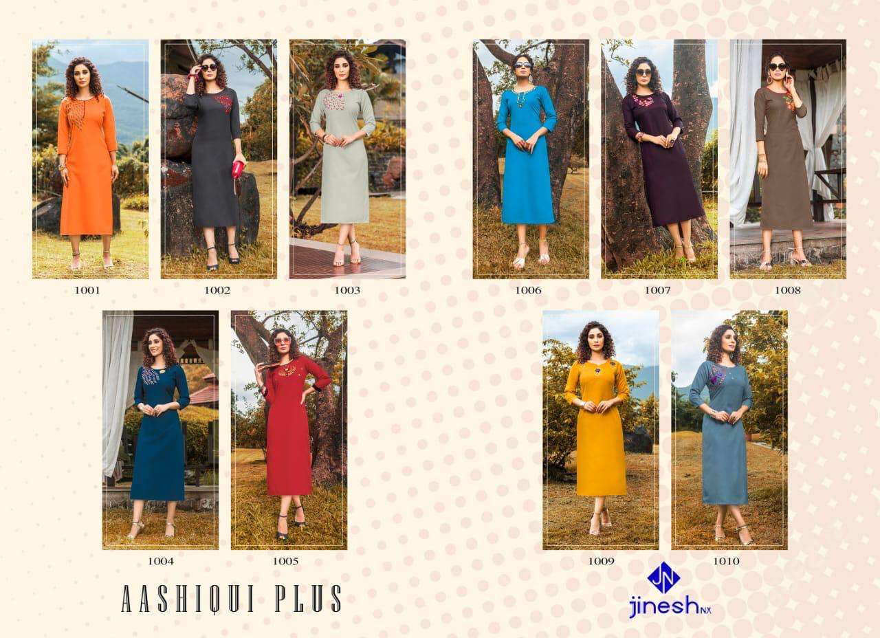 AASHIQUI PLUS BY JINESH NX 1001 TO 1010 SERIES BEAUTIFUL STYLISH FANCY COLORFUL CASUAL WEAR & ETHNIC WEAR & READY TO WEAR RUBY SLUB EMBROIDERED KURTIS AT WHOLESALE PRICE